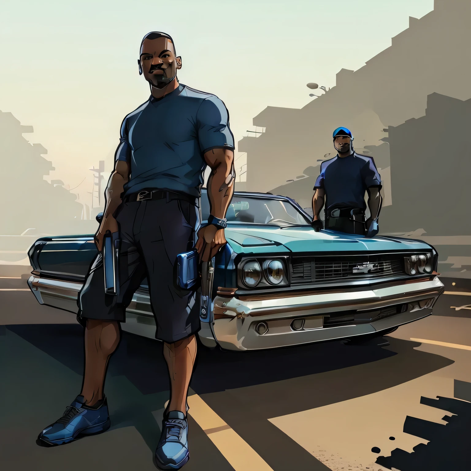 A man stands in front of a car with a gun，blue tshirts，Black  shorts，bule，25 age old，No beard，black sneaker air jordan shoes，Blue car，AK47,Black cap，