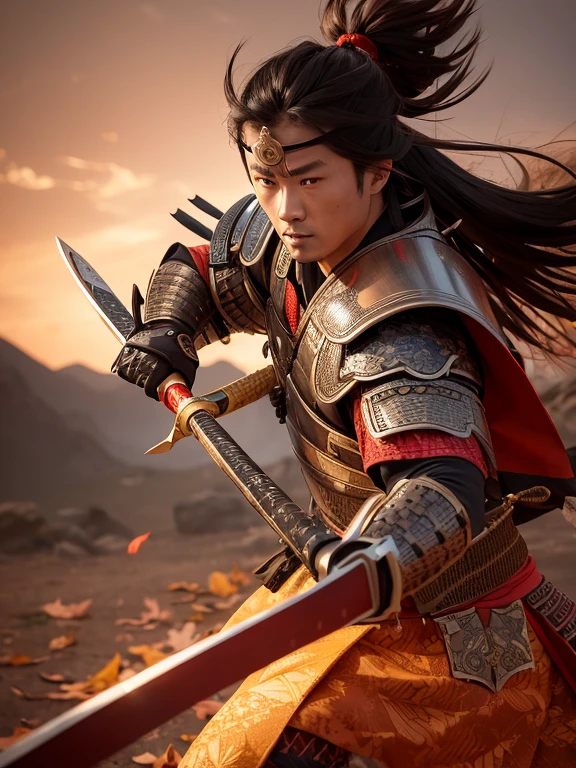 Ultra-detailed samurai with fiery expression, standing firmly in a powerful stance, clad in intricately designed traditional armor, wielding a katana in one hand against an Autumn Leaves Background. The vibrant colors of the fallen leaves contrast sharply with the somber tones of the samurai's armor. The dynamic lighting casts deep shadows, highlighting every detail of the samurai's muscular physique and the intricate patterns adorning his armor. The leaves, rendered with exceptional accuracy and detail, sway gently in the breeze, adding depth and texture to the scene. The samurai's fierce gaze is intensified by the play of light and shadow on his