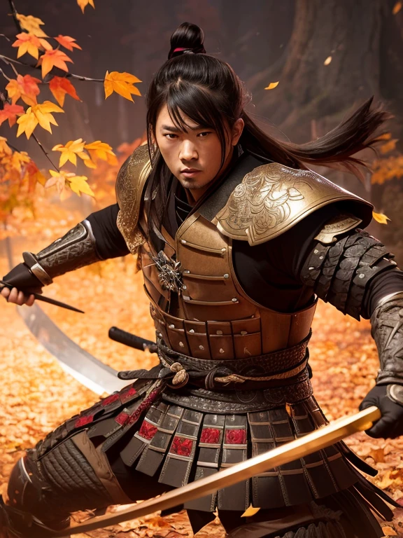 Ultra-detailed samurai with fiery expression, standing firmly in a powerful stance, clad in intricately designed traditional armor, wielding a katana in one hand against an Autumn Leaves Background. The vibrant colors of the fallen leaves contrast sharply with the somber tones of the samurai's armor. The dynamic lighting casts deep shadows, highlighting every detail of the samurai's muscular physique and the intricate patterns adorning his armor. The leaves, rendered with exceptional accuracy and detail, sway gently in the breeze, adding depth and texture to the scene. The samurai's fierce gaze is intensified by the play of light and shadow on his