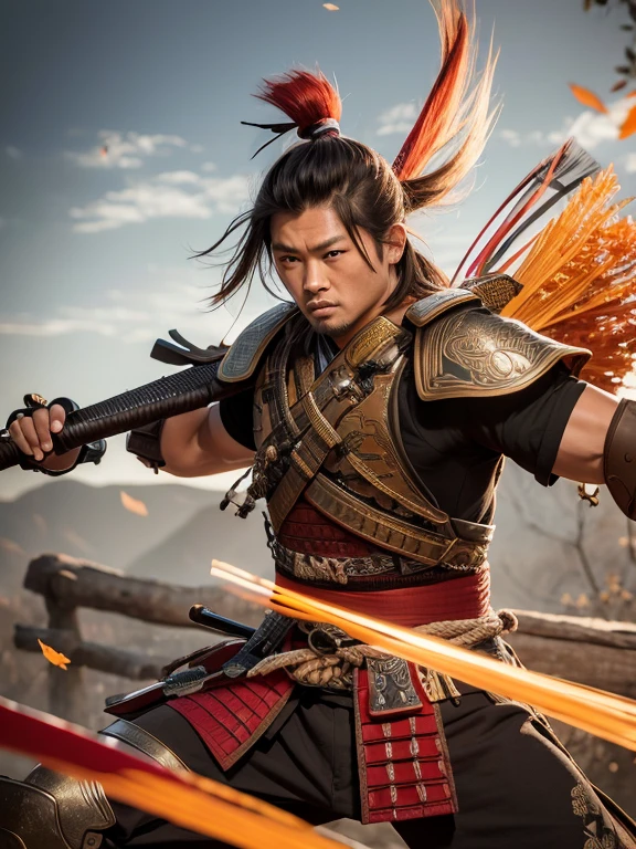 Ultra-detailed samurai with fiery expression, standing firmly in a powerful stance, clad in intricately designed traditional armor, wielding a katana in one hand against an Autumn Leaves Background. The vibrant colors of the fallen leaves contrast sharply with the somber tones of the samurai's armor. The dynamic lighting casts deep shadows, highlighting every detail of the samurai's muscular physique and the intricate patterns adorning his armor. The leaves, rendered with exceptional accuracy and detail, sway gently in the breeze, adding depth and texture to the scene. The samurai's fierce gaze is intensified by the play of light and shadow on his