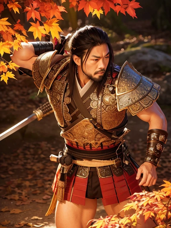 Ultra-detailed samurai with fiery expression, standing firmly in a powerful stance, clad in intricately designed traditional armor, wielding a katana in one hand against an Autumn Leaves Background. The vibrant colors of the fallen leaves contrast sharply with the somber tones of the samurai's armor. The dynamic lighting casts deep shadows, highlighting every detail of the samurai's muscular physique and the intricate patterns adorning his armor. The leaves, rendered with exceptional accuracy and detail, sway gently in the breeze, adding depth and texture to the scene. The samurai's fierce gaze is intensified by the play of light and shadow on his