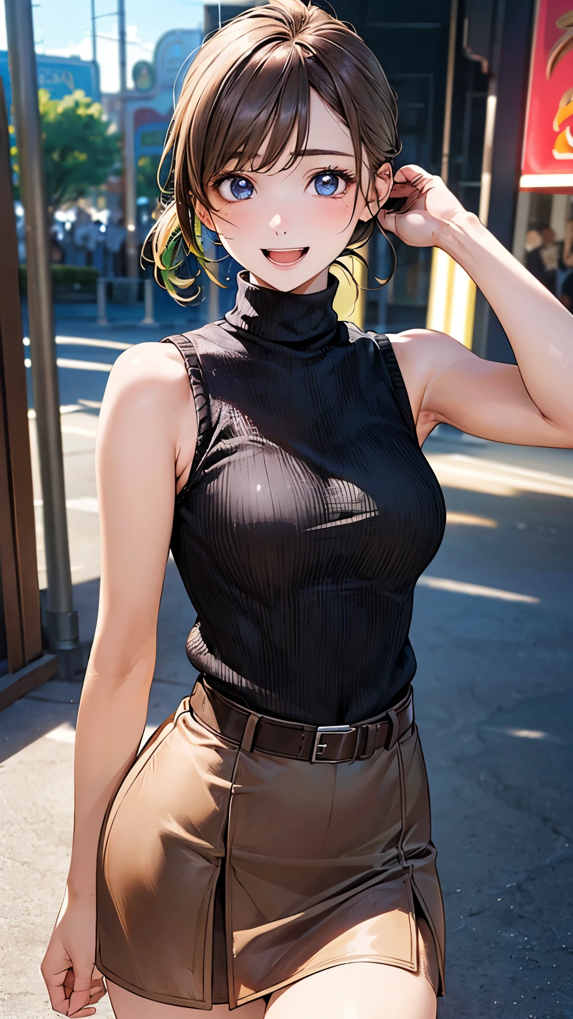 (masterpiece:1.2, top-quality), (realistic, photorealistic:1.4), beautiful illustration, (natural side lighting, movie lighting),
looking at viewer, 1 girl, japanese, high school girl, 14 years old, perfect face, perfect body, cute and symmetrical face, shiny skin, babyface, tiny,
(short hair:1.5, (low ponytail):1.6, long sideburns, light brown hair), asymmetrical bangs, dark blue eyes, big eyes, drooping eyes, (middle breasts, seductive thighs, big ass),
beautiful hair, beautiful face, beautiful detailed eyes, beautiful clavicle, beautiful body, beautiful chest, beautiful thigh, beautiful legs, beautiful fingers,
((sleeveless black turtleneck sweater, brown tight mini skirt), belt, emerald green hair ribbon),
(beautiful scenery), evening, (amusement park), walking, (hand in own hair), (happy smile, open mouth),
