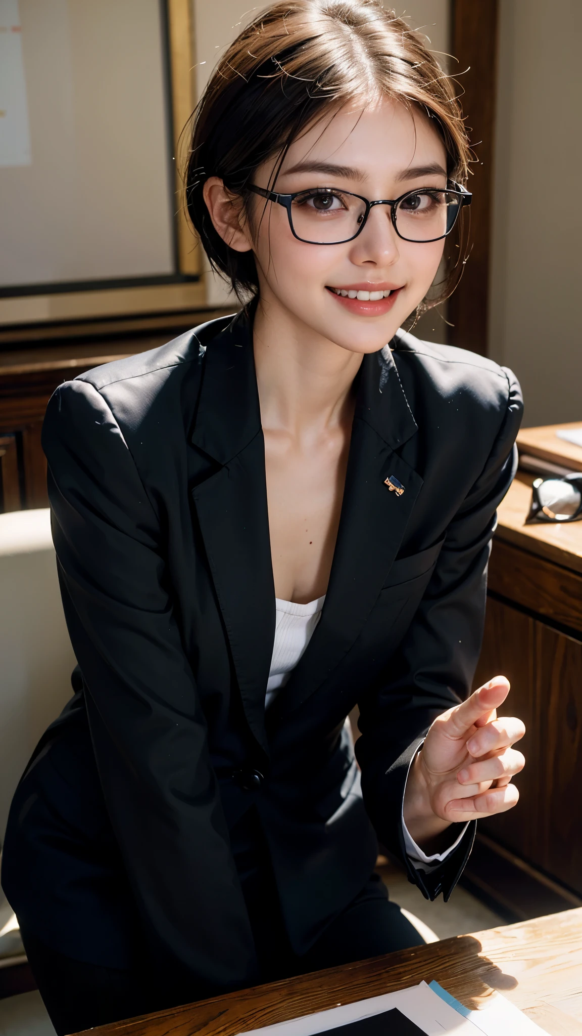 highest quality, masterpiece, ultra high resolution, (realistic:1.3), (Portrait of face macro photography) RAW photo, 1 girl, 22 years old,Medium chest,((mole on mouth)),(((business suit))),((square glasses with thin black frames)),((clean short hair)),masterpiece, realistic pictures, japanese pictures, fuji negative film,POCARI SWEAT ads ((Medium chest)),((toothy smile)),brown hair
