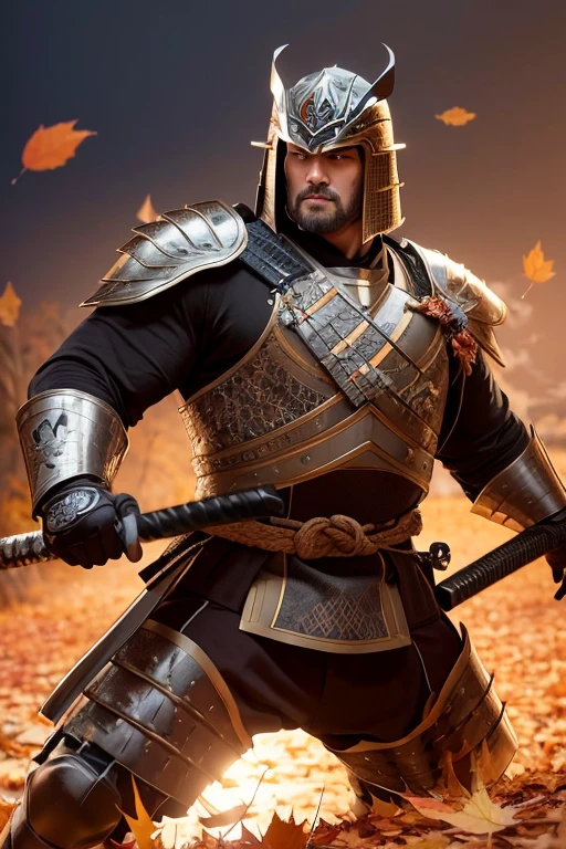 Ultra-detailed samurai with fiery expression, standing firmly in a powerful stance, clad in intricately designed traditional armor, wielding a katana in one hand against an Autumn Leaves Background. The vibrant colors of the fallen leaves contrast sharply with the somber tones of the samurai's armor. The dynamic lighting casts deep shadows, highlighting every detail of the samurai's muscular physique and the intricate patterns adorning his armor. The leaves, rendered with exceptional accuracy and detail, sway gently in the breeze, adding depth and texture to the scene. The samurai's fierce gaze is intensified by the play of light and shadow on his