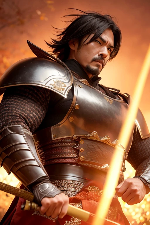 Ultra-detailed samurai, clad in traditional armor, stands firmly against an Autumn Leaves Background, infusing the scene with a sense of dignified power. His fierce expression, etched with the lines of unyielding resolve, adds an aura of intense focus. Wielding a katana with unmatched precision, every element of his stance exudes strength. Vibrant autumn colors paint the surroundings, contrasting with the darker tones of his armor. Dynamic lighting plays across his features, adding depth and texture to this meticulously crafted masterpiece. His broad chest, though not exaggeratedly large, remains proudly visible underneath the armor. (ultra-high resolution,