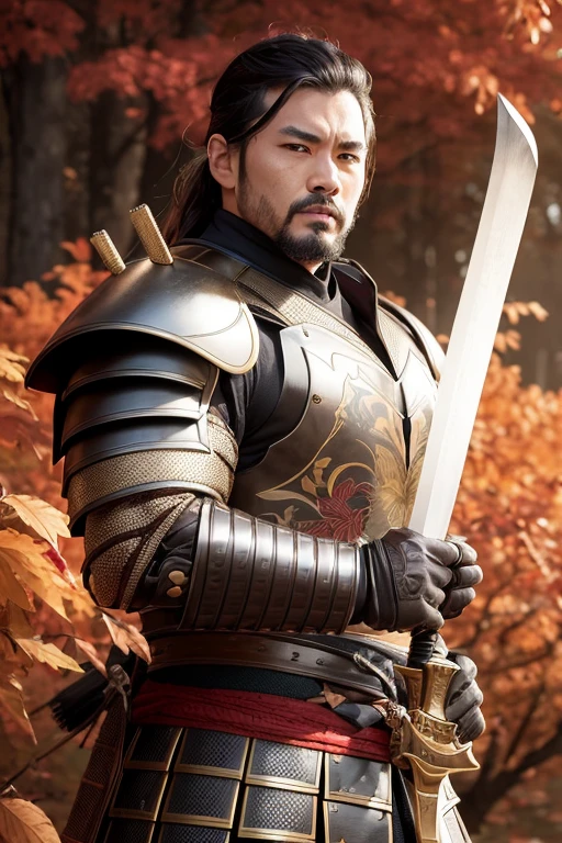 Ultra-detailed samurai with fiery expression, standing firmly in a powerful stance, clad in intricately designed traditional armor, wielding a katana in one hand against an Autumn Leaves Background. The vibrant colors of the fallen leaves contrast sharply with the somber tones of the samurai's armor. The dynamic lighting casts deep shadows, highlighting every detail of the samurai's muscular physique and the intricate patterns adorning his armor. The leaves, rendered with exceptional accuracy and detail, sway gently in the breeze, adding depth and texture to the scene. The samurai's fierce gaze is intensified by the play of light and shadow on his