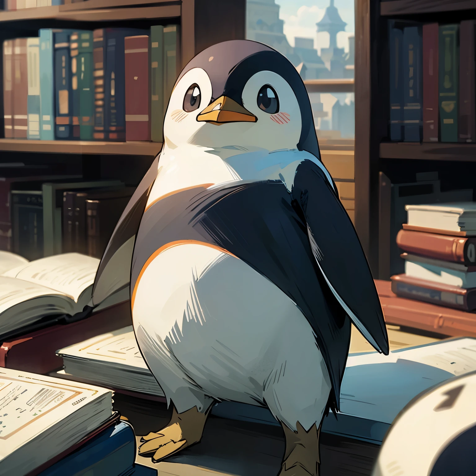 anime style、Highest image quality、ultra high resolution、detailed background、I&#39;m in the library、on top of a big book、one cute penguin、stand facing forward、cute smile、face forward、