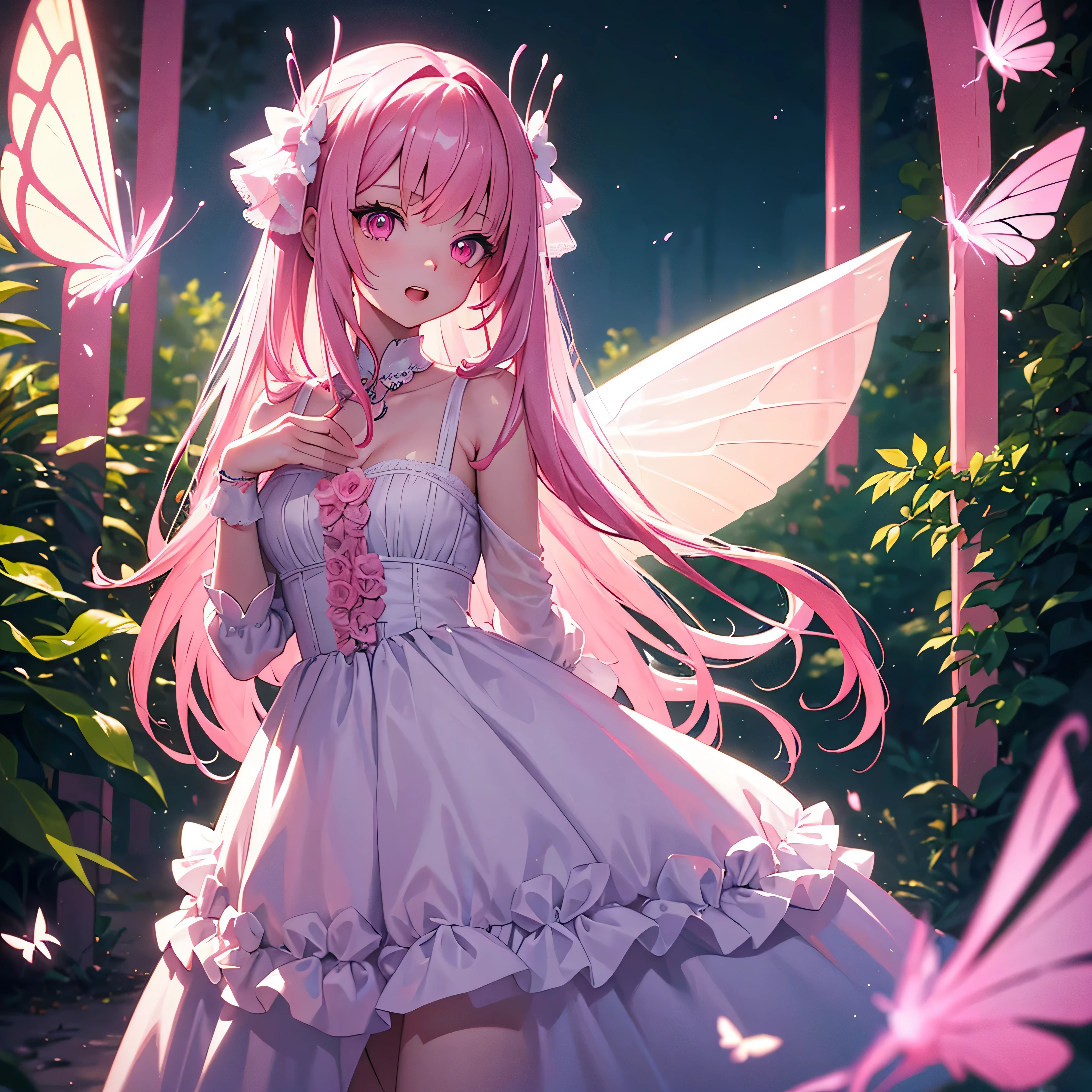 (Masterpiece), (best quality), 1girl,16 years old, long pink hair, pink eyes, glowing eyes, pointy teeth, wearing Accessories hair laces, wearing white, pink see-through outside dress, have pink butterfly wings, pose in the night forest, 4k, 8k, ultra detail, 3D. 