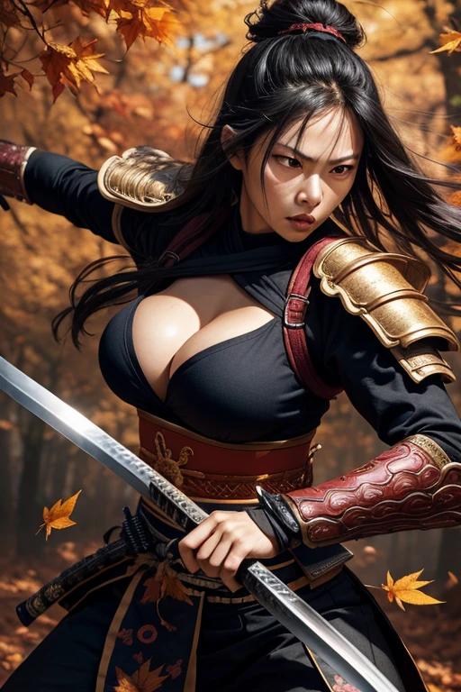 Ultra-detailed samurai with fiery expression, standing firmly in a powerful stance, clad in intricately designed traditional armor, wielding a katana in one hand against an Autumn Leaves Background. The vibrant colors of the fallen leaves contrast sharply with the somber tones of the samurai's armor. The dynamic lighting casts deep shadows, highlighting every detail of the samurai's muscular physique and the intricate patterns adorning his armor. The leaves, rendered with exceptional accuracy and detail, sway gently in the breeze, adding depth and texture to the scene. The samurai's fierce gaze is intensified by the play of light and shadow on his