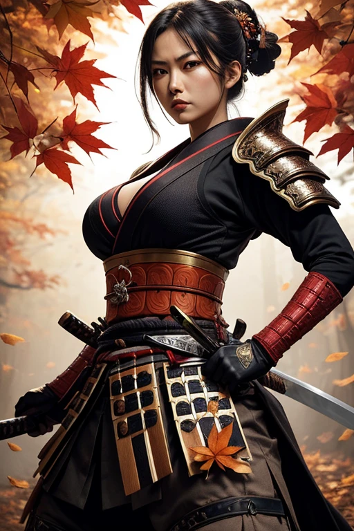 Ultra-detailed samurai with fiery expression, standing firmly in a powerful stance, clad in intricately designed traditional armor, wielding a katana in one hand against an Autumn Leaves Background. The vibrant colors of the fallen leaves contrast sharply with the somber tones of the samurai's armor. The dynamic lighting casts deep shadows, highlighting every detail of the samurai's muscular physique and the intricate patterns adorning his armor. The leaves, rendered with exceptional accuracy and detail, sway gently in the breeze, adding depth and texture to the scene. The samurai's fierce gaze is intensified by the play of light and shadow on his