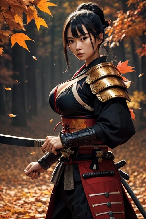 ultra-detailed samurai in traditional armor, fierce expression, powerful stance, katana in hand, Autumn Leaves Background
, vibrant colors, dynamic lighting,More Detail, big breasts