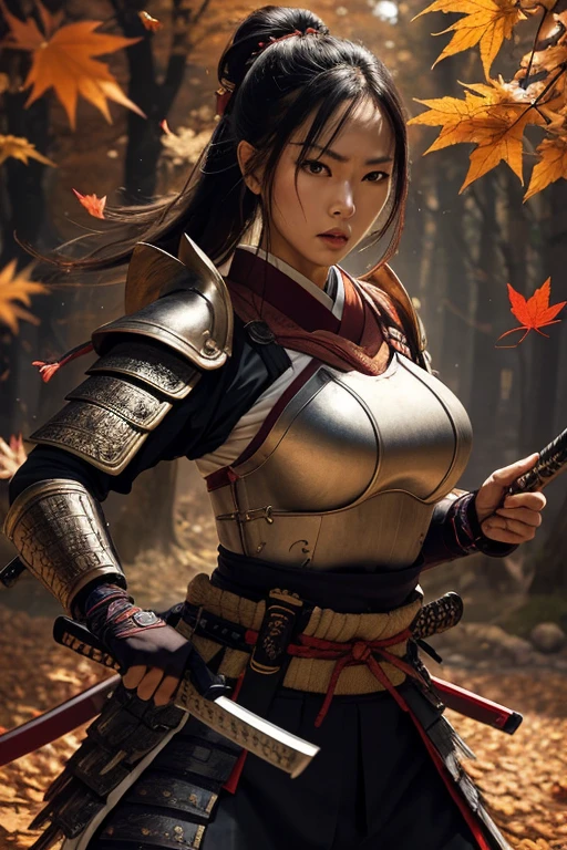 ultra-detailed samurai in traditional armor, fierce expression, powerful stance, katana in hand, Autumn Leaves Background
, vibrant colors, dynamic lighting,More Detail, big breasts