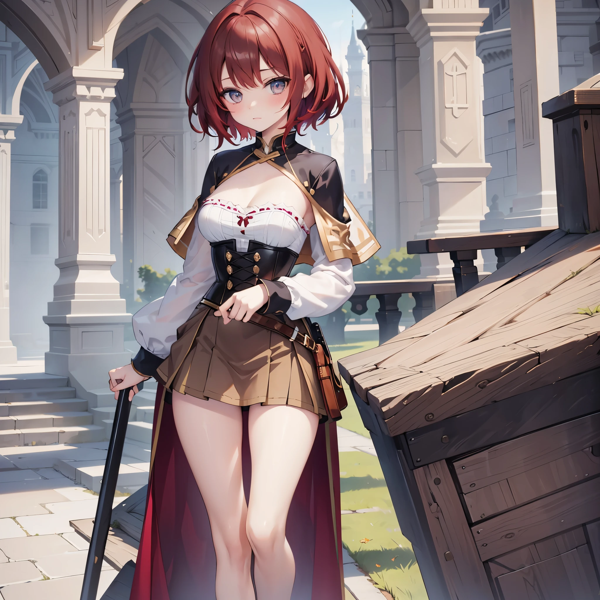(solo 1 skinny girl:1.4), the middle ages, (short red hair:1.5), (short dress:1.2), (plunging neckline), wiry corset (emphasize cleavage), (very short torso:1.3), (inconceivably thin narrow waist), short (brown capelet), BREAK, (flapping very short brown skirt:1.3), emphasize thigh gap, (thin long legs), nose blush, BREAK, (12th Century Europe)