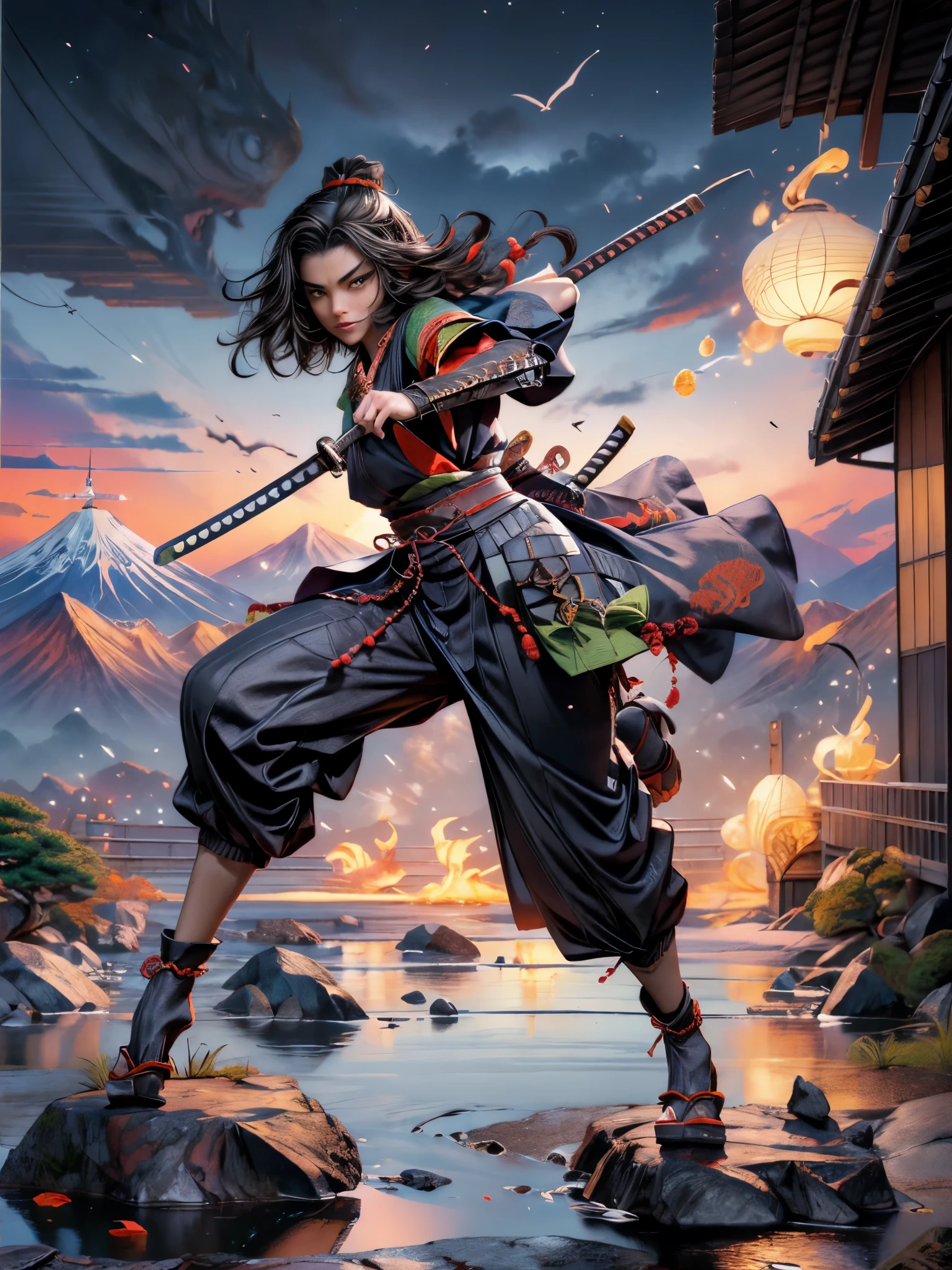 ((Japan samurai costume:1.5)，((female warrior))，Ancient battlefield，dynamic posture，long sword，armor，burning sky，mountains background，Expression of determination，braid，background allies，The atmosphere is strong，heroism，Beauty，reality，50mm lens shooting，composition，masterpiece, Exquisite, Color proofing，Amazing visual effects，Crazy details，Intricate details，sharp focus，Ultra-high effect，HD，8k，((anatomically correct:1.5))
