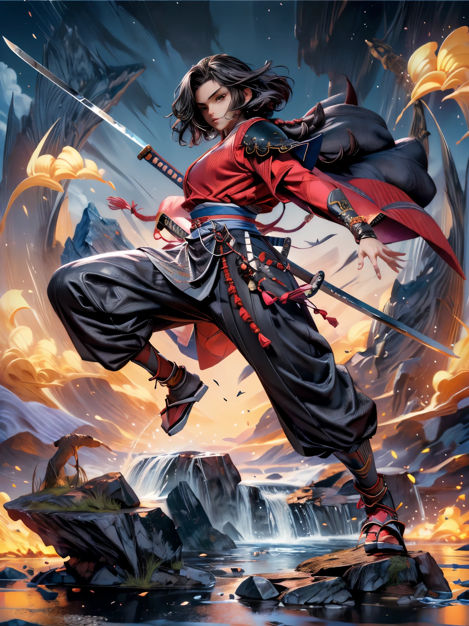 ((Japan samurai costume:1.5)，((female warrior))，Ancient battlefield，dynamic posture，long sword，armor，burning sky，mountains background，Expression of determination，braid，background allies，The atmosphere is strong，heroism，Beauty，reality，50mm lens shooting，composition，masterpiece, Exquisite, Color proofing，Amazing visual effects，Crazy details，Intricate details，sharp focus，Ultra-high effect，HD，8k，((anatomically correct:1.5))