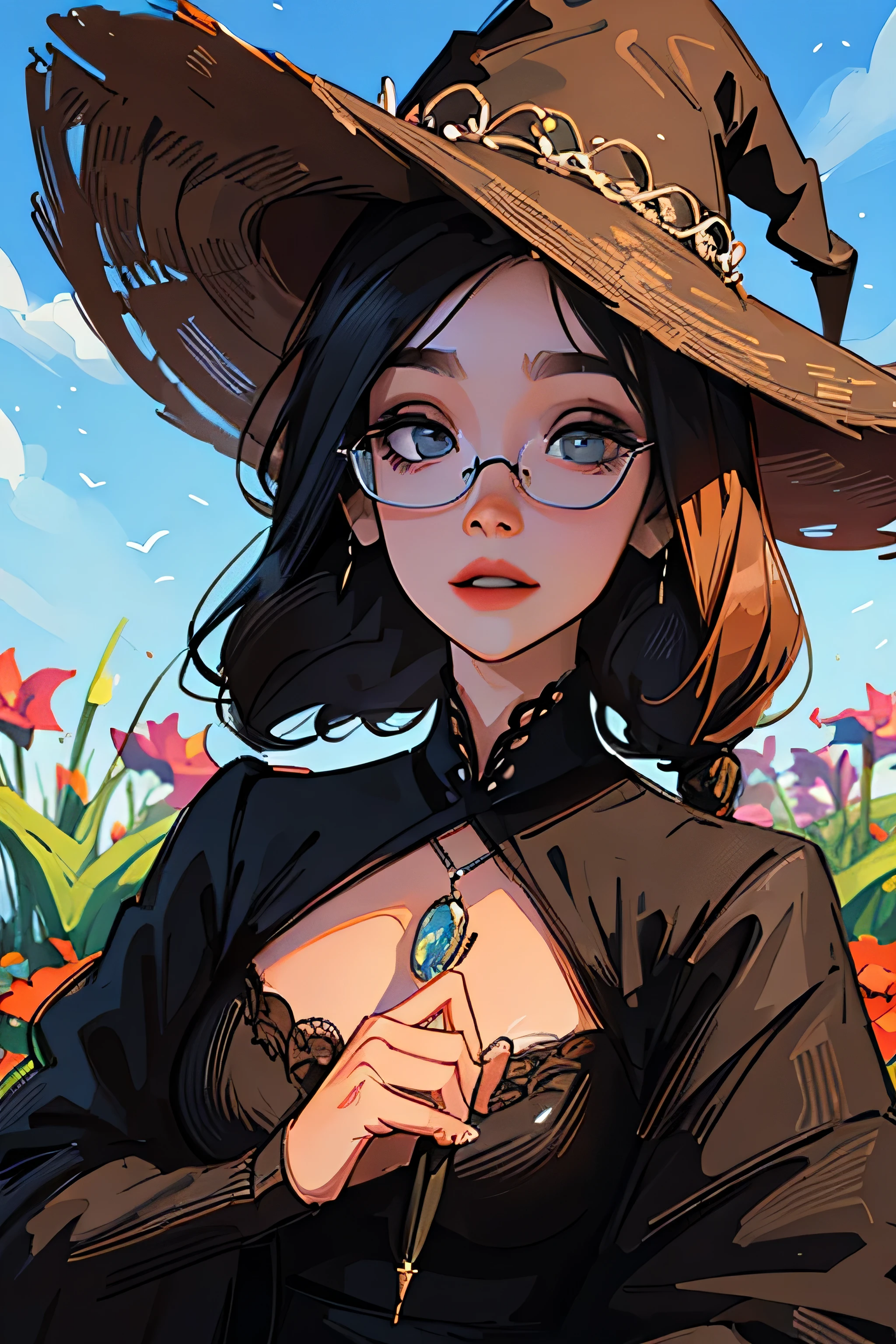 mulher branca, cabelos castanhos, olho  iris preta, bruxa, with a witch's hat, round glasses, vestido longo preto com mangas pretas m um campo de flores silvestres