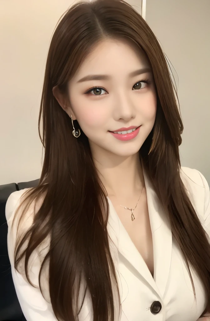 (18-year-old sweetheart), (big breasts:1.3),   office、sit at desk、white suit、Let your hair flutter in the wind、(masterpiece: 1.3), (maximum resolution: 1.4), (super high quality: 1.2), cinematic light, super high quality,make one&#39;My cheeks turned red:1.2、 (beautiful eyes and skin), (detailed facial features), nffsw, 8K resolution, perfect style, beautiful expression、Highly detailed face and skin texture、detailed eye、double eyelid、glitter eyeliner:1.2、shiny skin、（pure white skin:1.8)、（white skin:1.8)、red rouge、dark lipstick:1.2、small shiny necklace and earrings、（glossy lips:1.2)、glossy lips:1.2、((full body shot:1.2))、(straight hairstyle、light brown hair)、long hair、(very kind smile:1.3)、175cm、Asahi
