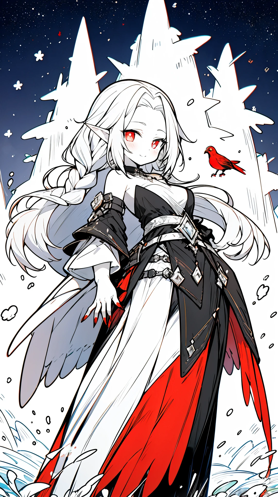 （（masterpiece：1.4，best quality））+，（Ultra-detailed）+，（super detailed eyes）+，（winged ears：1.5），
（cute girl），，（crimson pupils：1.15），long white hair，long braids，Thick hair（Variza：1.2），Pale complexion，giggle，red rhombus crystal，red bird feathers，black underwear，
（She wears conservative red and yellow feathered costumes，black pattern，：1.5），（Starry Sky Cloak：1.4），The sleeves are very long，red bird feather headdress，flame，Baiyun，A sea of red leaves and trees，Dream bubbles，Crow crows，red nails，green leafy corolla，
（bird feathers：1.1），
（Dawn light：1.2），
（Thick black and white：1.16），（depth of field：1.4），，intricate details，