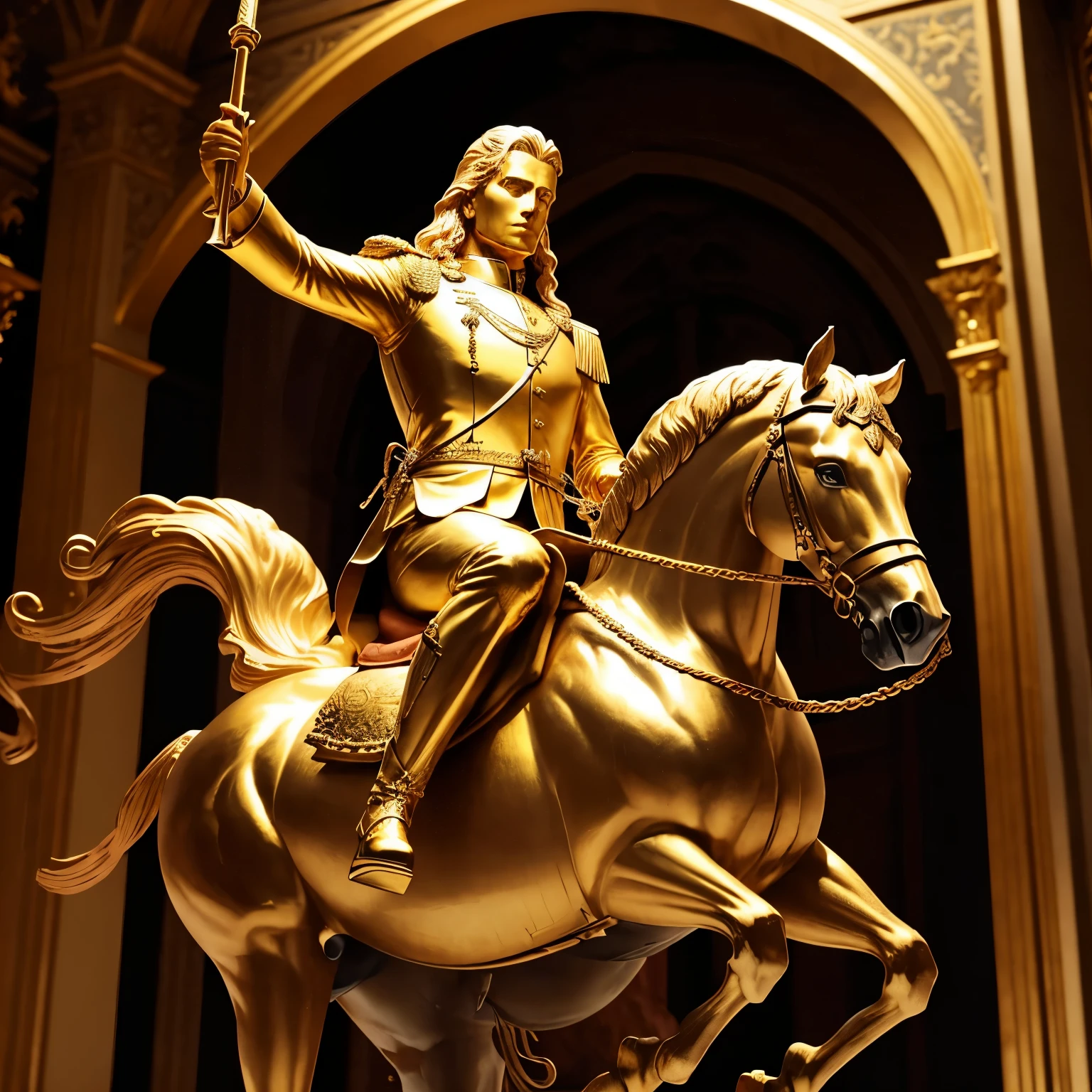 statue made of gold, male, 35 years old, nordic, long hair, military uniform, riding a horse
