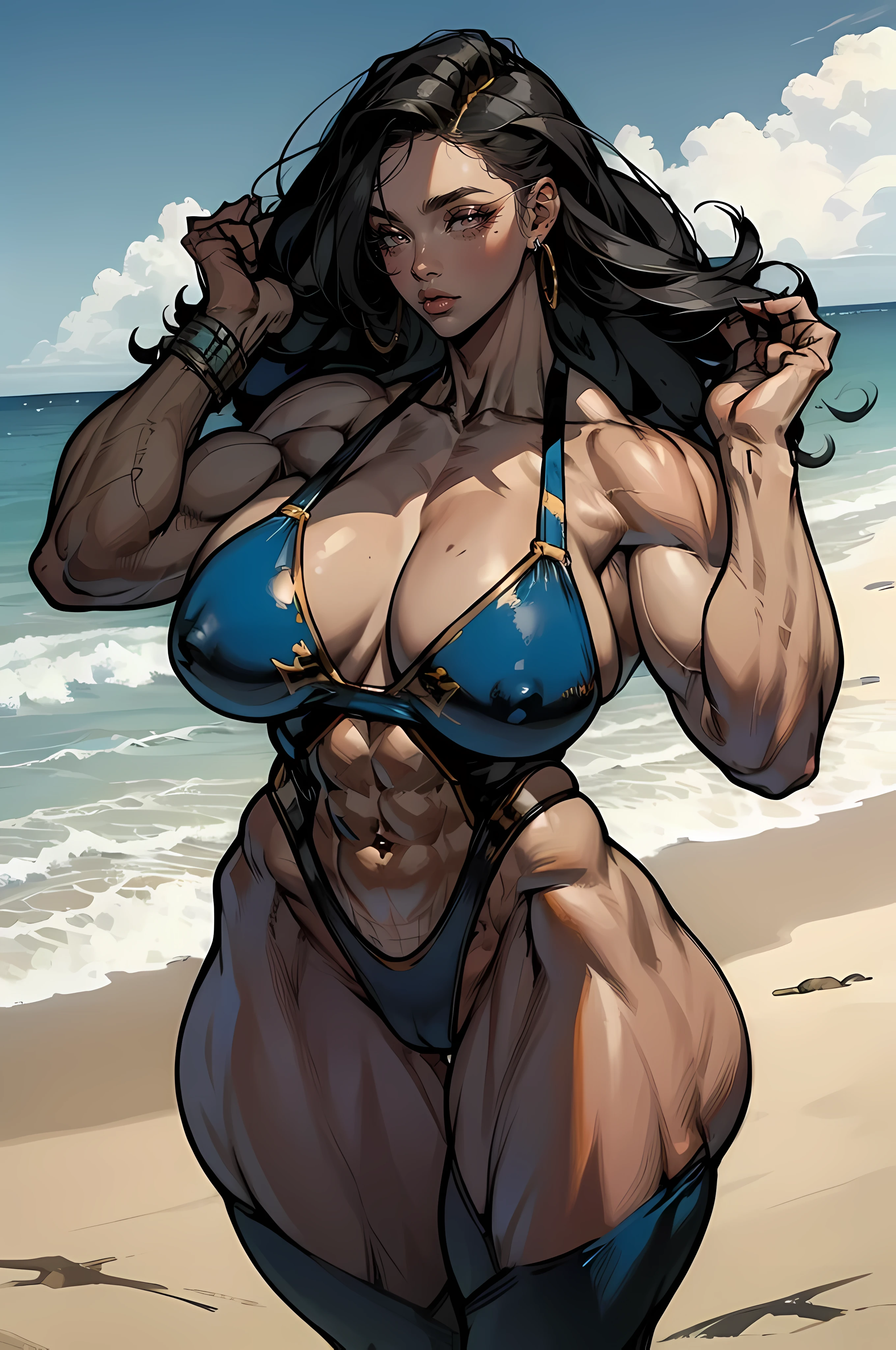"Immaculate lighting, beach scene, America Chavez posing seductively, donning sunglasses, (((Huge breasts))), ((long legs)), ((wide hips)), ((((Muscular Quadriceps)))), (((Massive Female Bodybuilder)))."