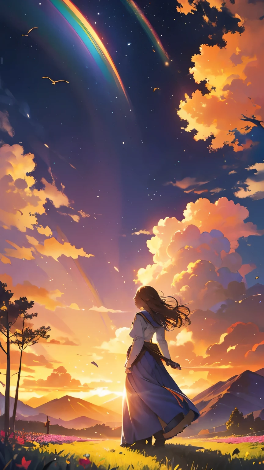 Wide range of landscape photography, (seen from below, the sky is above, The open field is below), girl observes, brown bob hair, long skirt,A girl standing in a flower field and looking up, (meteor: 0.9), distant mountain , tree break craft art, (warm light: 1.2), (fire Fly: 1.2), light, lots of purple and orange, intricate details, Volume lighting BREAK (table top: 1.2), (highest quality), 4k, super detailed, (dynamic composition: 1.4), Rich details and colors, (Rainbow-colored: 1.2), (shine, atmosphere lighting), dream-like, Magic, (alone: 1.2)