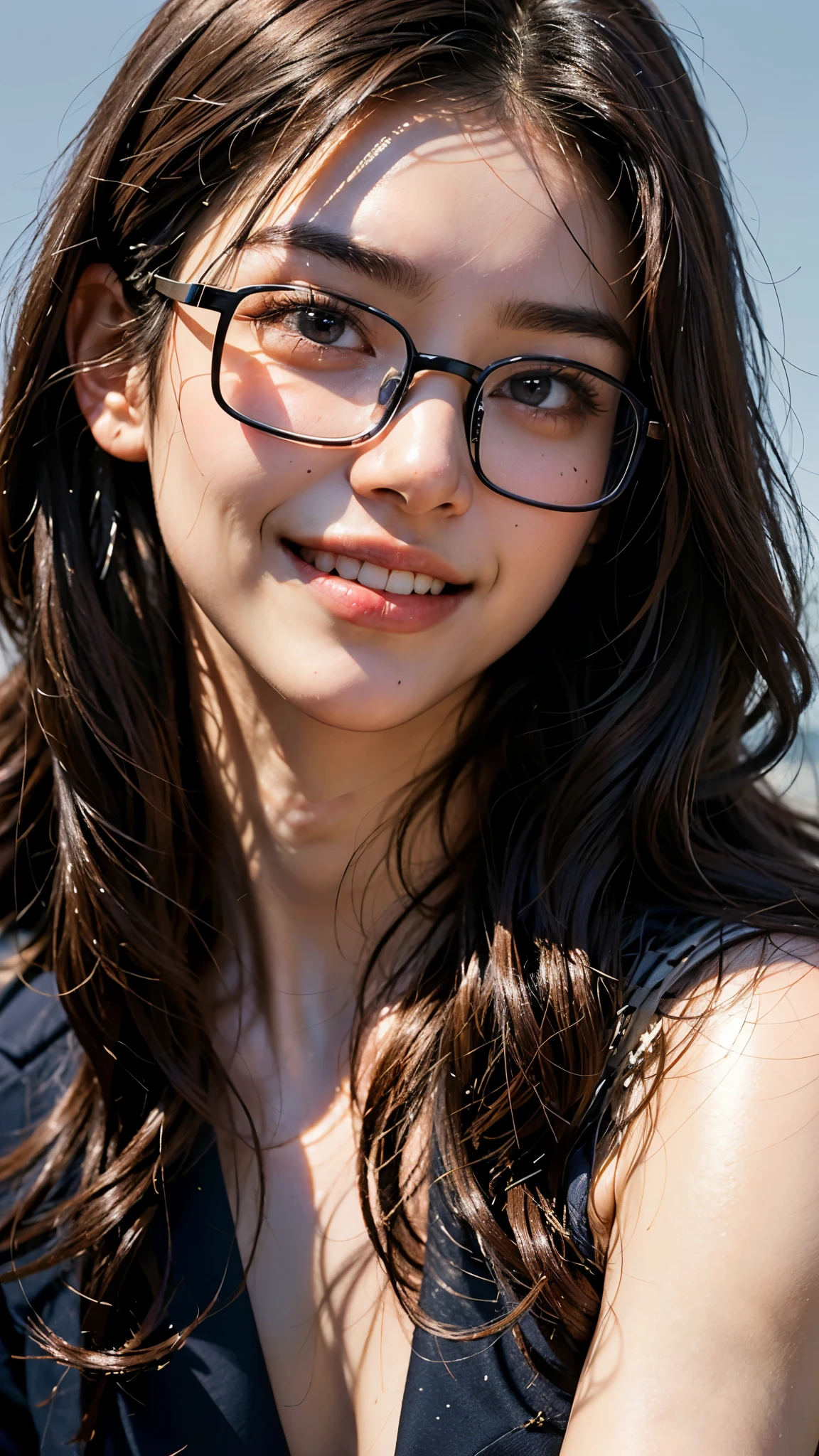 highest quality, masterpiece, ultra high resolution, (realistic:1.3), (face close up portrait) RAW photo, 1 girl, 22 years old,Medium chest,((mole on mouth)),(((business suit))),((square glasses with thin black frames)),((Soft curly perm hair)),masterpiece, realistic pictures, japanese pictures, fuji negative film,POCARI SWEAT ads ((Medium chest)),((toothy smile)),brown hair