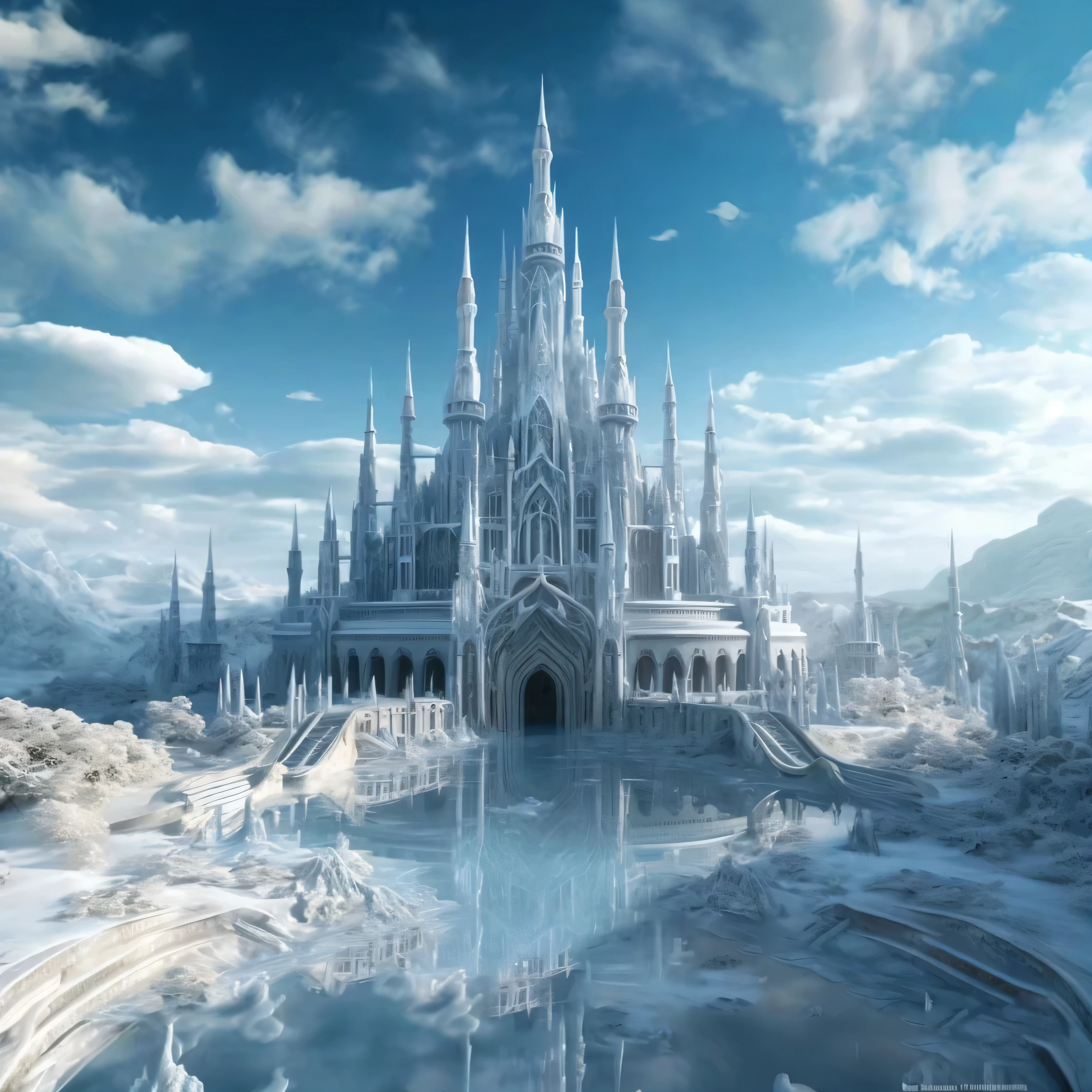 cloudy day,A large castle surrounded by ice and snow, Ice City 2 0 8 0, futuristic castle, high Fantasy castle, cathedral background, Sophisticated matte painting, Fantasy castle, Luxurious matte spray paint, Exquisite matte painting, Epic castle with towering spiers, a beautiful matte painting, Fantasy style matte, amazing Exquisite matte painting, Unreal Engine Fantasy Art