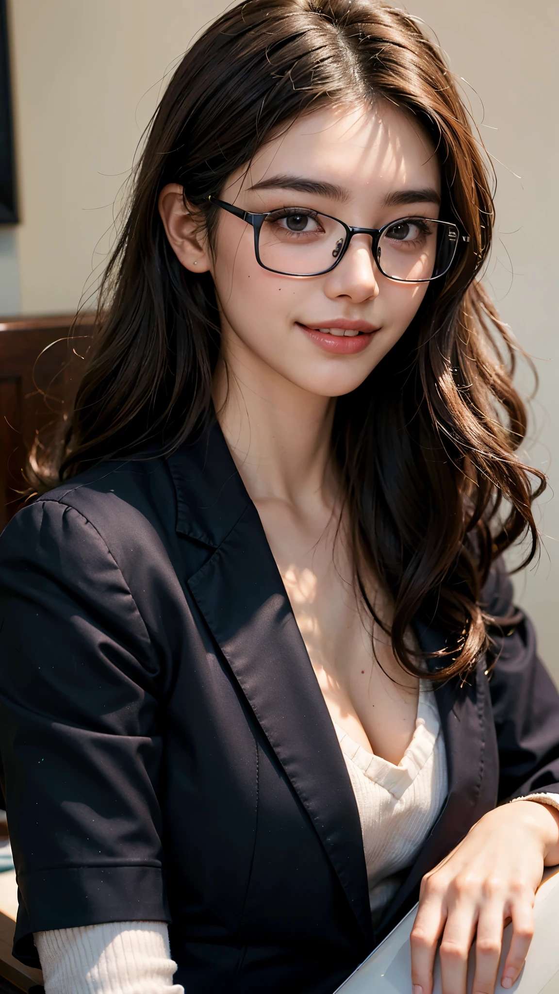 highest quality, masterpiece, ultra high resolution, (realistic:1.3), (face close up portrait) RAW photo, 1 girl, 22 years old,Medium chest,((mole on mouth)),(((business suit))),((square glasses with thin black frames)),((Soft curly perm hair)),masterpiece, realistic pictures, japanese pictures, fuji negative film,POCARI SWEAT ads ((Medium chest)),((toothy smile)),brown hair