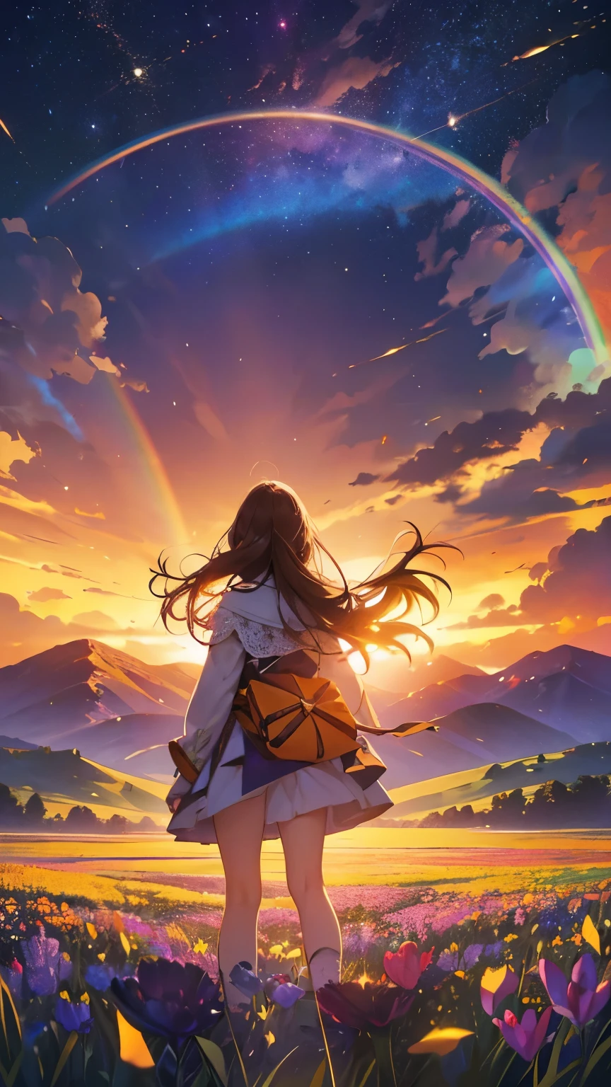 Wide range of landscape photography, (seen from below, the sky is above, The open field is below), girl observes, brown hair, A girl standing in a flower field and looking up, (meteor: 0.9), distant mountain , tree break craft art, (warm light: 1.2), (fire Fly: 1.2), light, lots of purple and orange, intricate details, Volume lighting BREAK (table top: 1.2), (highest quality), 4k, super detailed, (dynamic composition: 1.4), Rich details and colors, (Rainbow-colored: 1.2), (shine, atmosphere lighting), dream-like, Magic, (alone: 1.2)