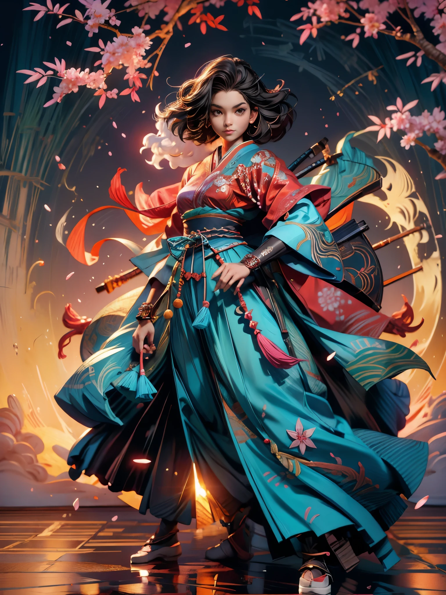 ((Japan samurai costume:1.5)，((female warrior))，Ancient battlefield，dynamic posture，long sword，armor，burning sky，mountains background，Expression of determination，braid，background allies，The atmosphere is strong，heroism，Beauty，reality，50mm lens shooting，composition，masterpiece, Exquisite, Color proofing，Amazing visual effects，Crazy details，Intricate details，sharp focus，Ultra-high effect，HD，8k，((anatomically correct:1.5))
