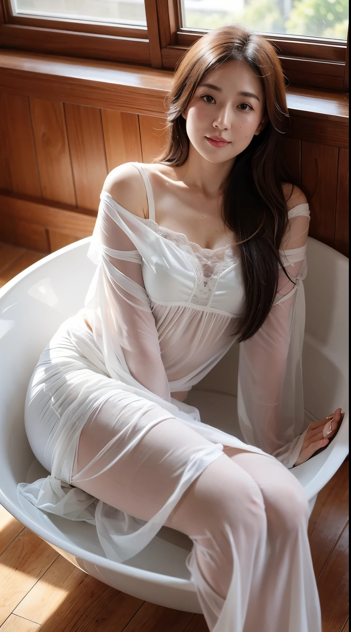 Create a bust image of a room decorated in the European medieval period. A beautiful Japanese girl with long hair is lying on her back in the bathtub, face up. The room has a large window with sunlight shining in from the outside. The girl is wearing a white slightly translucent silk dress. Shirt, ultra high detail, high resolution, 8k quality, perfect dynamic composition, surreal, shot from the front, cinematic HDR tone