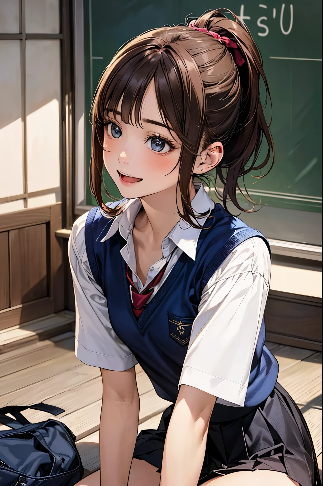 (masterpiece:1.2, top-quality), (realistic, photorealistic:1.4), beautiful illustration, (natural side lighting, movie lighting), 
looking away, (face focus, upper body, from below), 1 girl, japanese, high school girl, 14 years old, perfect face, perfect body, cute and symmetrical face, shiny skin, babyface, tiny, 
(short hair:1.5, (low ponytail):1.6, long sideburns, light brown hair), asymmetrical bangs, dark blue eyes, big eyes, drooping eyes, (middle breasts, seductive thighs, big ass), 
beautiful hair, beautiful face, beautiful detailed eyes, beautiful clavicle, beautiful body, beautiful chest, beautiful thigh, beautiful legs, beautiful fingers, 
((white collared shirt, navy blue box pleated skirt, bavy blue school vest), dark red tie, emerald green hair ribbon), 
(beautiful scenery), evening, (school crassroom), sitting, (happy smile, open mouth), 