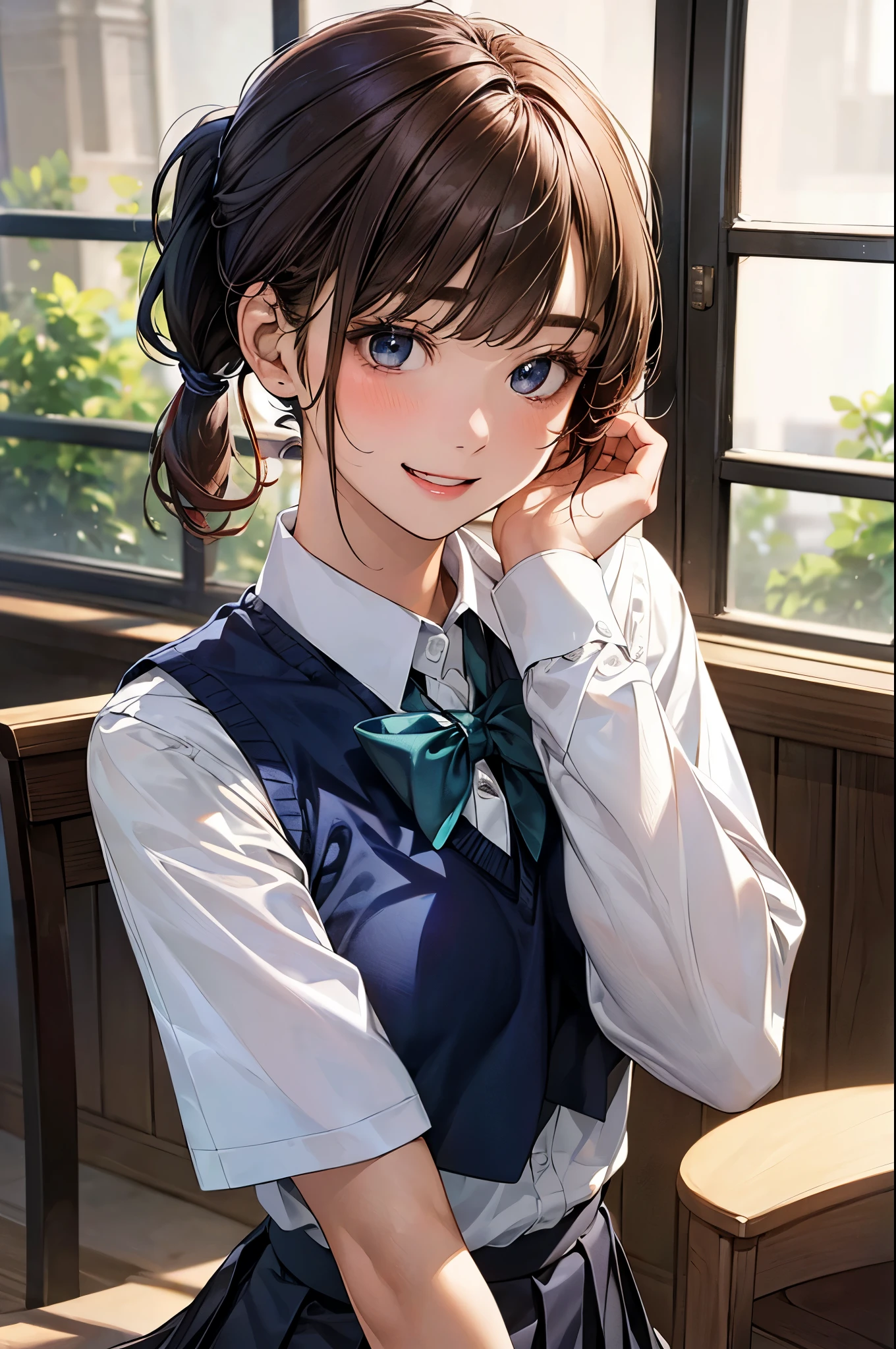 (masterpiece:1.2, top-quality), (realistic, photorealistic:1.4), beautiful illustration, (natural side lighting, movie lighting), 
looking away, (face focus, upper body, from below), 1 girl, japanese, high school girl, , perfect face, perfect body, cute and symmetrical face, shiny skin, babyface, tiny, 
(short hair:1.5, (low ponytail):1.6, long sideburns, light brown hair), asymmetrical bangs, dark blue eyes, big eyes, drooping eyes, (middle breasts, seductive thighs, big ass), 
beautiful hair, beautiful face, beautiful detailed eyes, beautiful clavicle, beautiful body, beautiful chest, beautiful thigh, beautiful legs, beautiful fingers, 
((white collared shirt, navy blue box pleated skirt, bavy blue school vest), dark red tie, emerald green hair ribbon), 
(beautiful scenery), evening, (school crassroom), sitting, (happy smile, open mouth), 