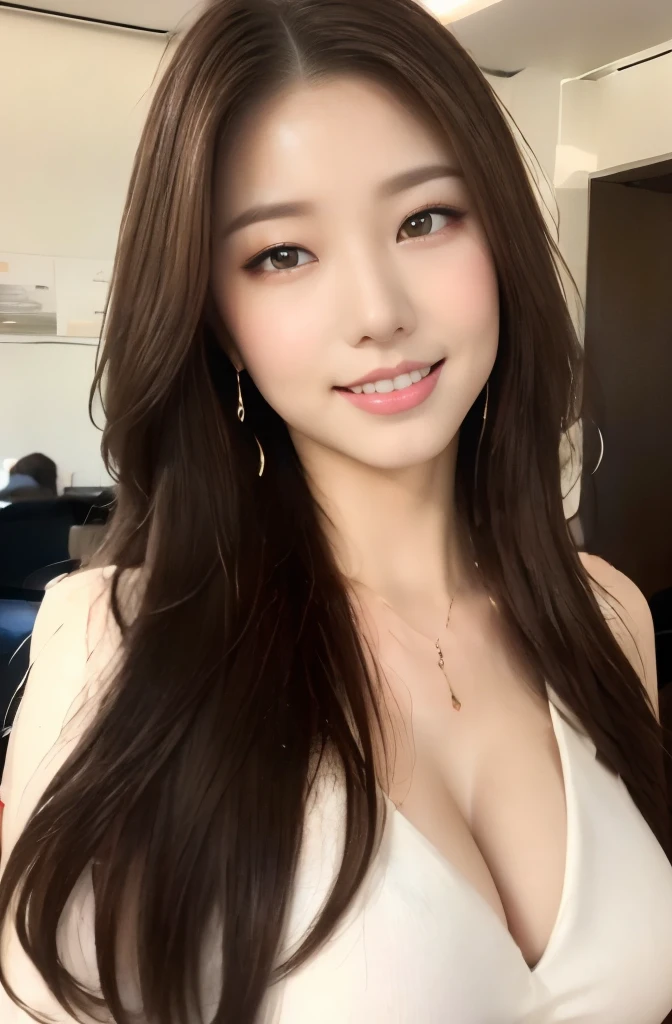 (18-year-old sweetheart), (big breasts:1.3),   office、sit at desk、white suit、Let your hair flutter in the wind、(masterpiece: 1.3), (maximum resolution: 1.4), (super high quality: 1.2), cinematic light, super high quality,make one&#39;My cheeks turned red:1.2、 (beautiful eyes and skin), (detailed facial features), nffsw, 8K resolution, perfect style, beautiful expression、Highly detailed face and skin texture、detailed eye、double eyelid、glitter eyeliner:1.2、shiny skin、（pure white skin:1.8)、（white skin:1.8)、red rouge、dark lipstick:1.2、small shiny necklace and earrings、（glossy lips:1.2)、glossy lips:1.2、((full body shot:1.2))、(straight hairstyle、light brown hair)、long hair、(very kind smile:1.3)、175cm、Asahi