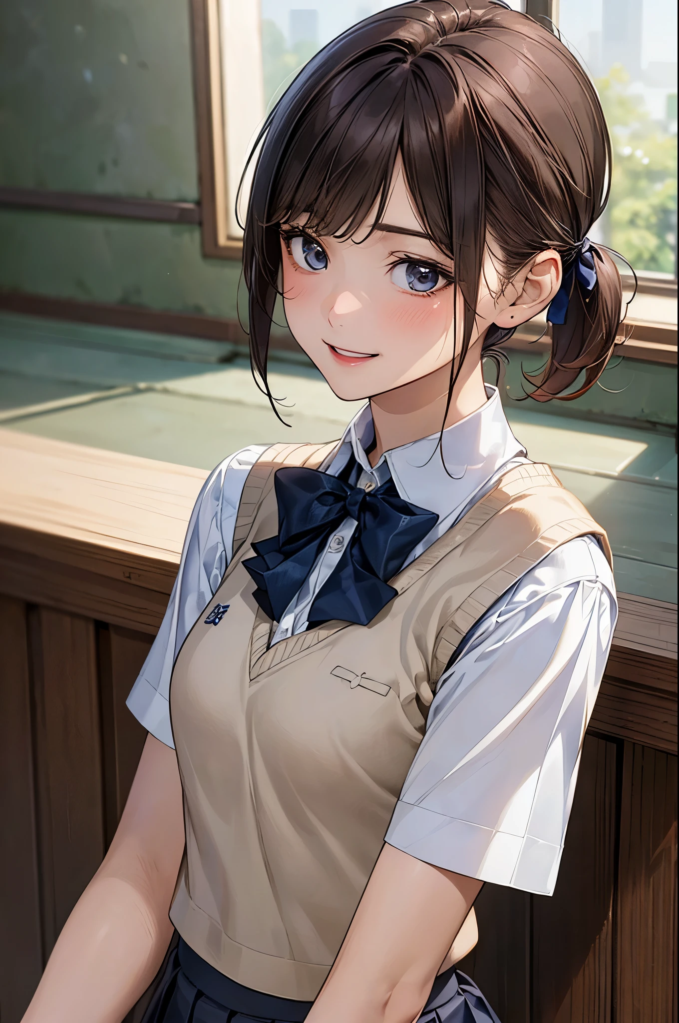 (masterpiece:1.2, top-quality), (realistic, photorealistic:1.4), beautiful illustration, (natural side lighting, movie lighting),
looking away, (face focus, upper body, from below), 1 girl, japanese, high school girl, 14 years old, perfect face, perfect body, cute and symmetrical face, shiny skin, babyface, tiny,
(short hair:1.5, (low ponytail):1.6, long sideburns, light brown hair), asymmetrical bangs, dark blue eyes, big eyes, drooping eyes, (middle breasts, seductive thighs, big ass),
beautiful hair, beautiful face, beautiful detailed eyes, beautiful clavicle, beautiful body, beautiful chest, beautiful thigh, beautiful legs, beautiful fingers,
((white collared shirt, navy blue box pleated skirt, bavy blue school vest), dark red tie, emerald green hair ribbon),
(beautiful scenery), evening, (school crassroom), sitting, (happy smile, open mouth),