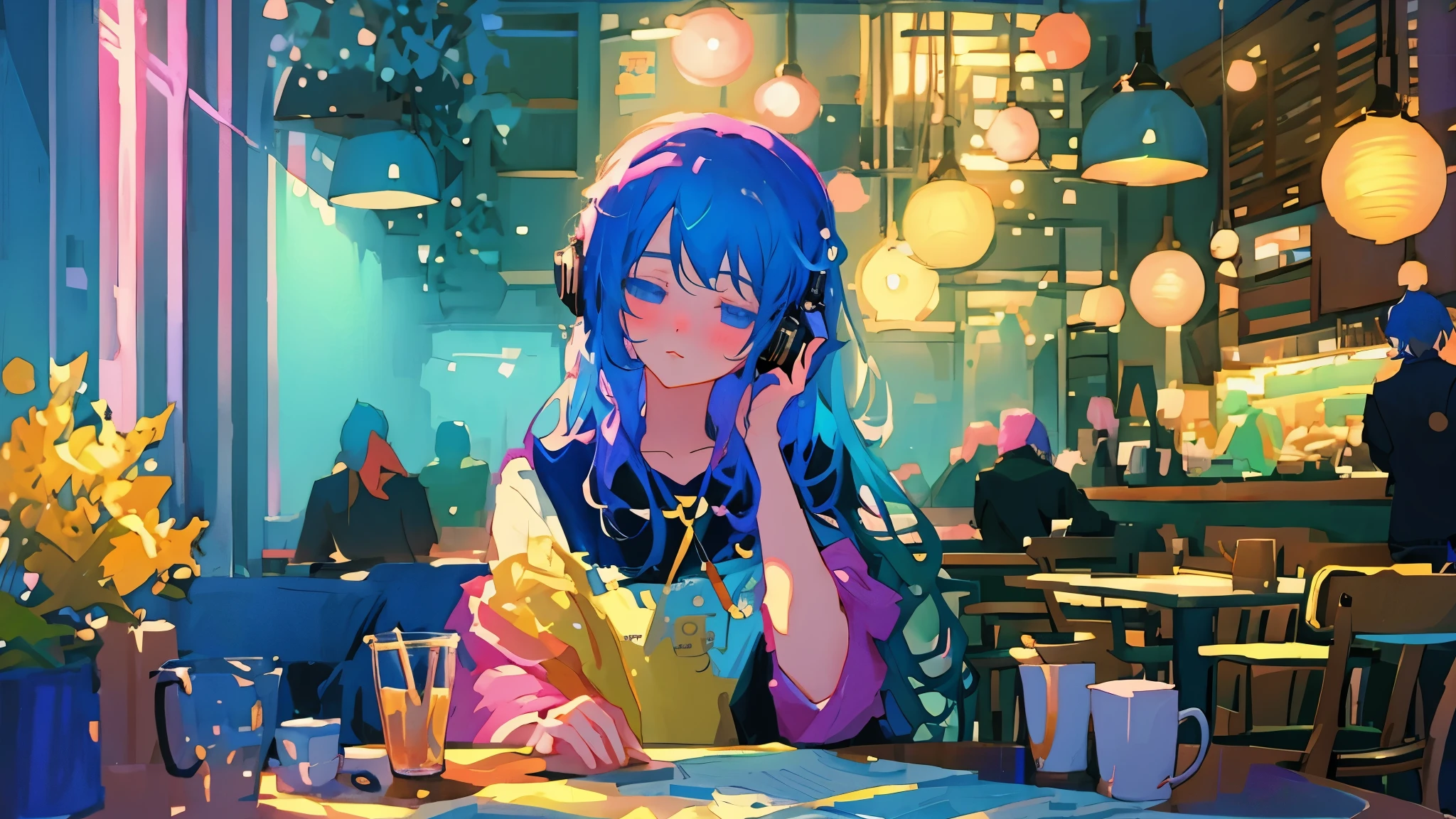 Anime girl holding a magazine and listening to music in a cafe, Nightcore, lofi girl, anime atmosphere, Lofiatostyle, anime style 4 k, anime style. 8k, portrait of lofi, Lofiato, beautiful anime style, pixiv style, Lofi feeling, lo fi art, lobby atmosphere, anime aesthetics, lobby atmospheres