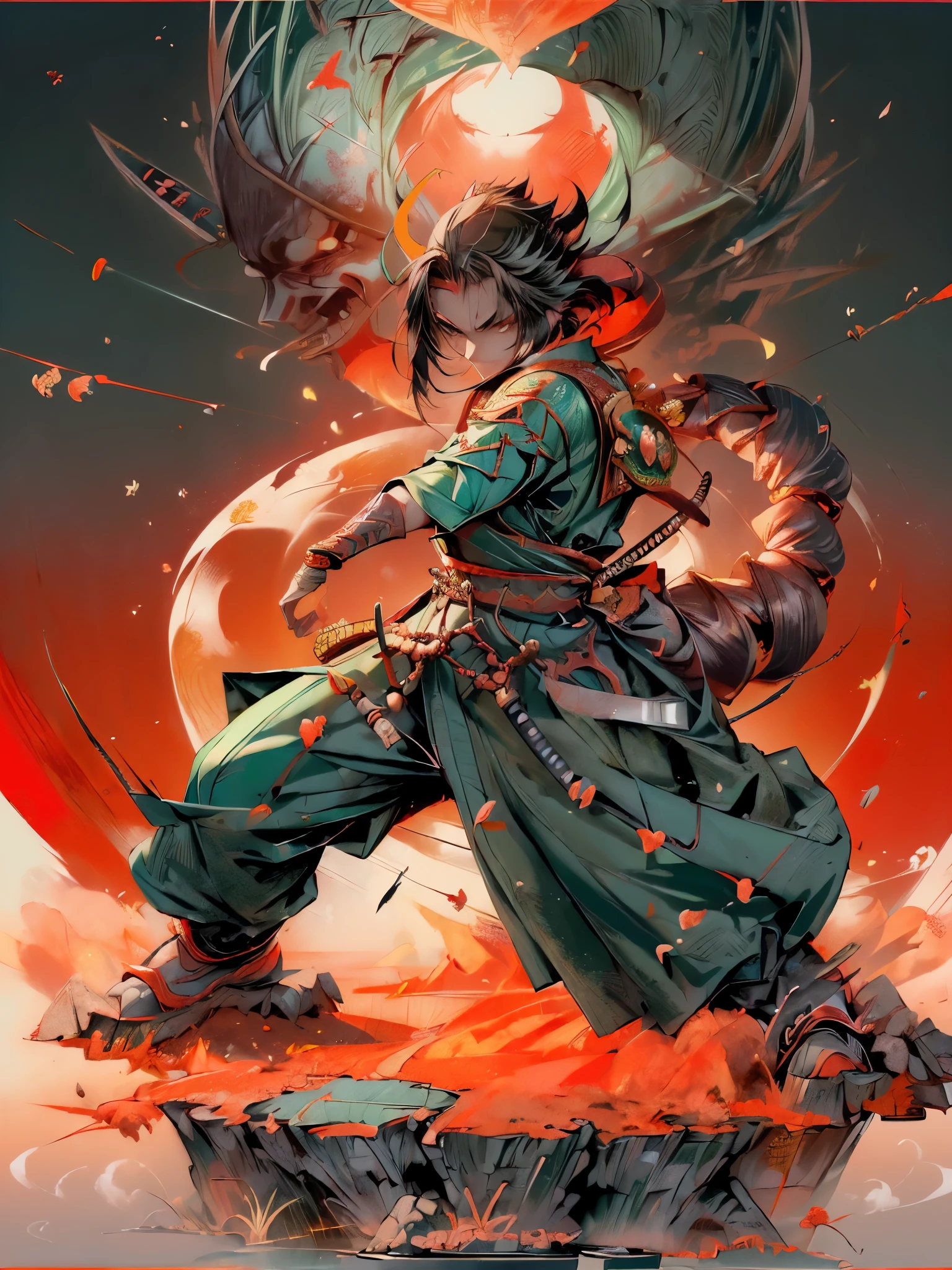 ((Japan samurai costume:1.5)，((female warrior))，Ancient battlefield，dynamic posture，long sword，armor，burning sky，mountains background，Expression of determination，braid，background allies，The atmosphere is strong，heroism，Beauty，reality，50mm lens shooting，composition，masterpiece, Exquisite, Color proofing，Amazing visual effects，Crazy details，Intricate details，sharp focus，Ultra-high effect，HD，8k，((anatomically correct:1.5))
