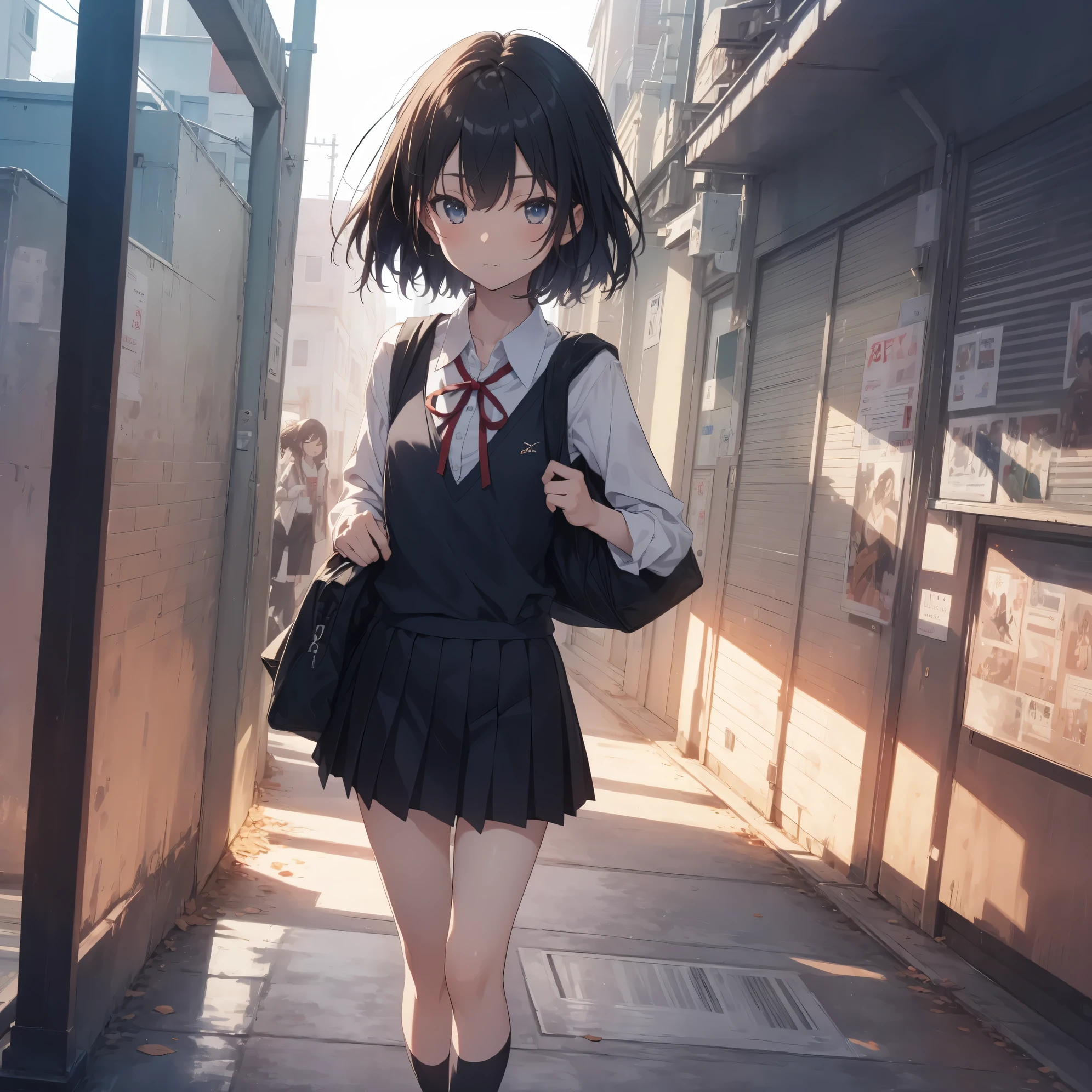 Ultra-highest quality by the art god, super detailed, High resolution, anime moe art style, Best Anime 8K Kona-chan Wallpaper, pixiv contest winner, perfect anatomy, break,(眠そうにalone学校へ行く女の子を描いてください. )break,1 girl, (alone,little woman, , 13 years old:1.3),All limbs, full finger,, The charm of an immature body, (very short hair), bangs, bow, flat chest, Small Bodysuits, small ass, between legs, small black eyes, detailed and beautiful eyes, Well-proportioned iris and pupils, expressive eyes, High resolutionの詳細な髪, ribbon, neck ribbon, skirt, collared shirt, pleated skirt, school uniform, school bag,(detailed lighting), (detailed background), On the way to school. break,super dense skin, Best lighting by famous artists, 8k, cute illustration,Hmm, rough skin