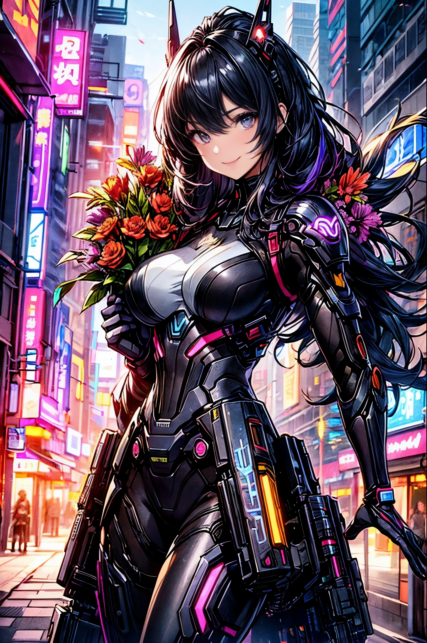 4k、best image quality，excellent details，hyper quality skin、ultra high resolution，（fidelity：1.4），best illustrations，focus on details，(official art, beautiful and aesthetic:1.2), midjourney anime style.
1 girl, (colorful hair、Bangs are black:1.2), wavy hair, smile, (Sexy Cyberpunk Costumes.Cybertechware)、I will give you a bouquet of flowers、let me&#39;Let&#39;s pick up various bouquets、
(I will give you a bouquet of flowers:1.6), (fancy futuristic background:1.1),