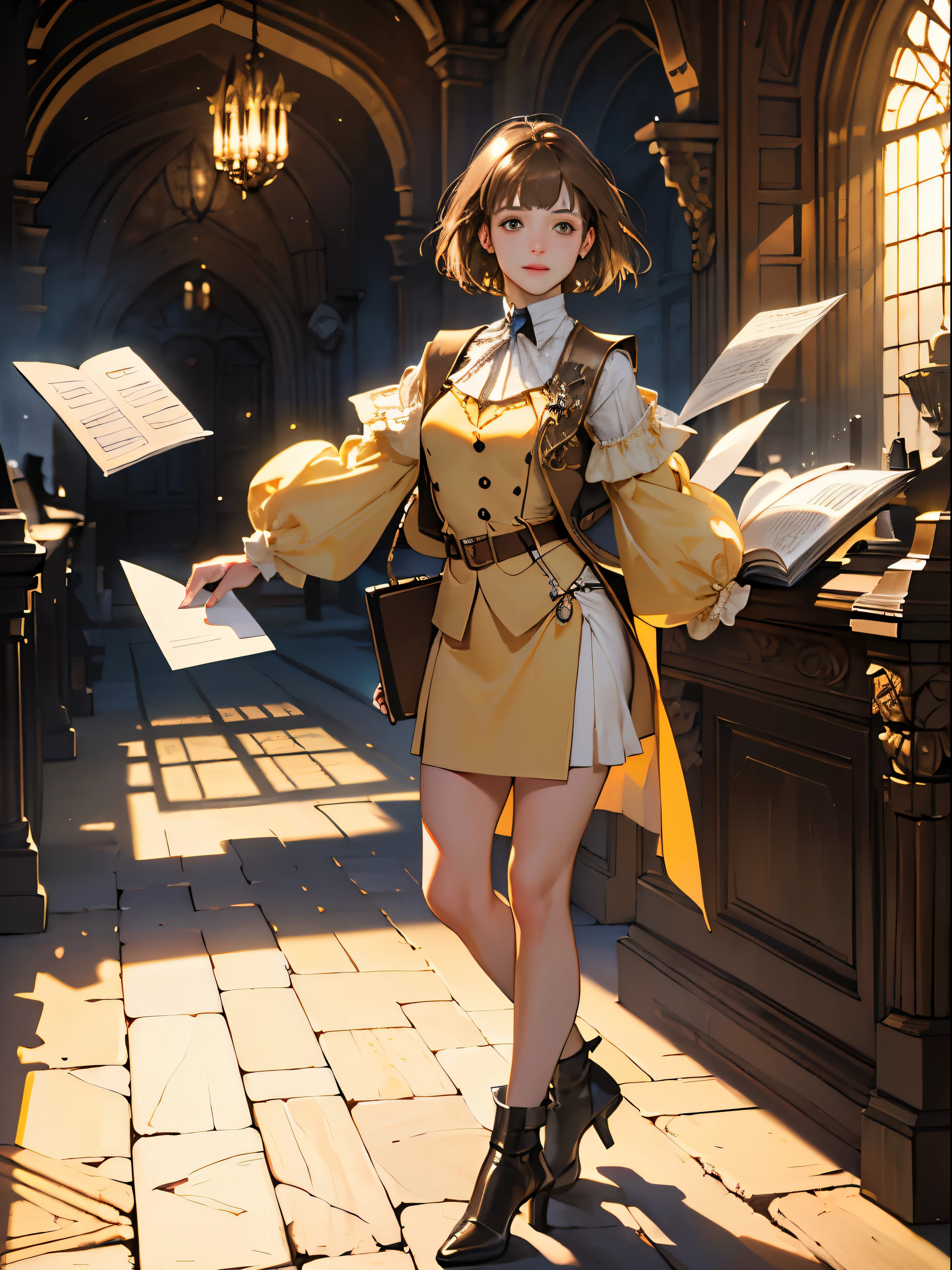 masterpiece, super detailed, 8K portrait, RAW photo, portrait photography, whole body, highly detailed face, ((fantasy)), young and beautiful, 27 years old, smile, ((((reception))), Are standing, (((Light brown short bob hair))) fluttering in the wind, dull bangs, ocher long puffy sleeve clothes, Yellow waistcoat, short skirt, ((notebook in hand)), Morning sun, surreal, body model, small breasts, beautiful breasts, long legs, In the medieval adventurer&#39;s guild, environmental lighting, shadow details , focus the camera on the face, strong wind, light fog
