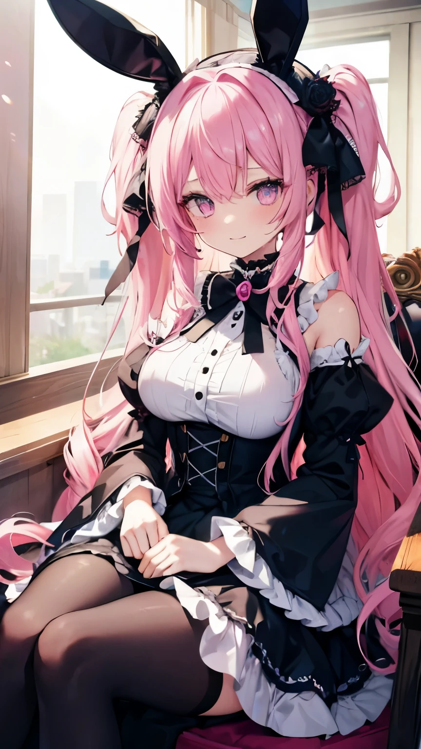 1 girl, animal ears, long hair, pink and light blue hair,pink eyes,big breasts,tits, long hair, looking at the viewer,Bunny ears,,smile, alone, split color hair, two tone hair,pink gothic dress,gothic lolita,frills,parasol,wet with sweat,black tea,sit in a chair