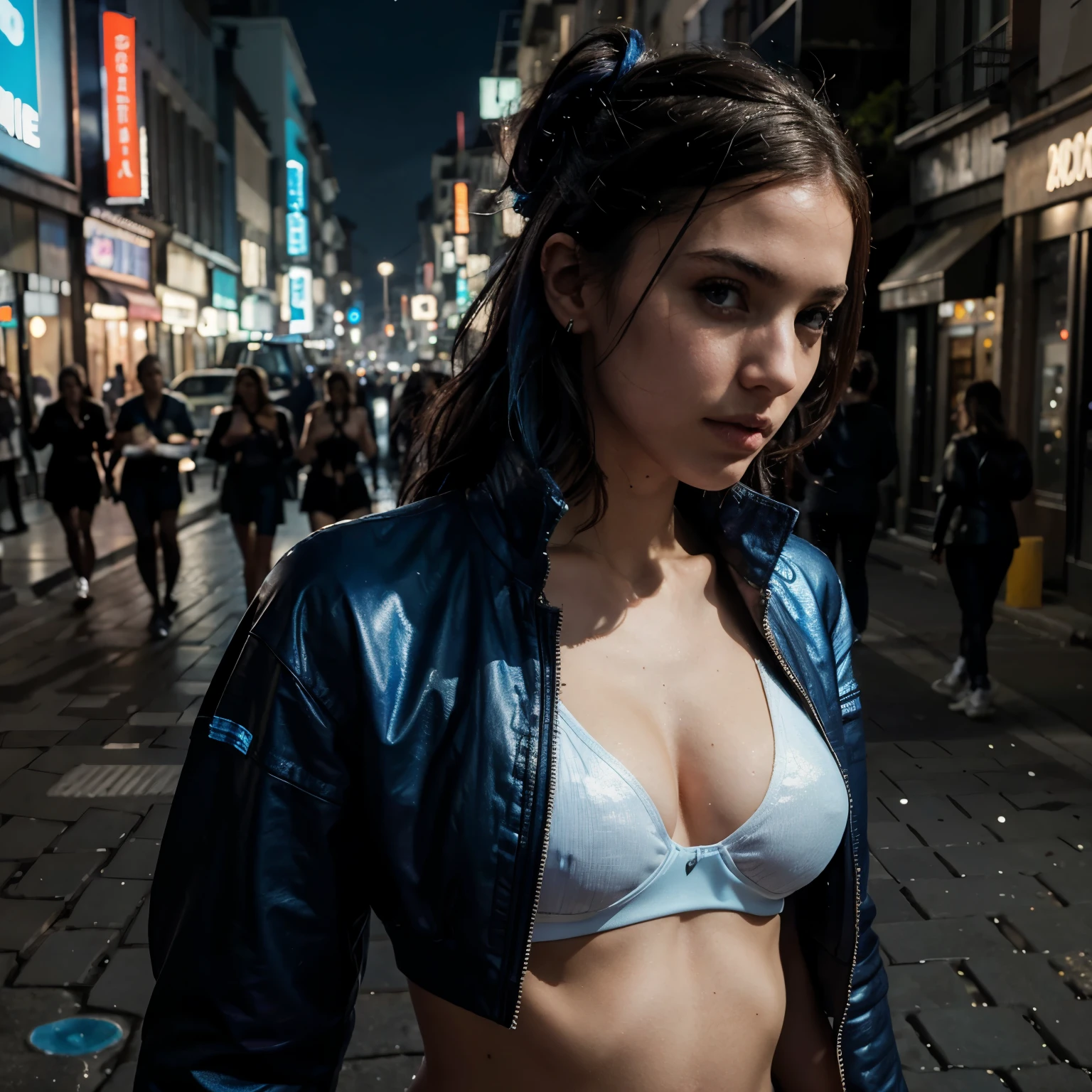 Photo hyper réaliste, cyberpunk heroine, marche dans une rue de nuit, jolie  poitrine, mini jupe blanche futuriste, crop top bleu metalique, Athletic body, cheveux bruns parfaits, shave on one side, photo corp entier, warm lighting, Objectif 50 mm, Dreamy expression 