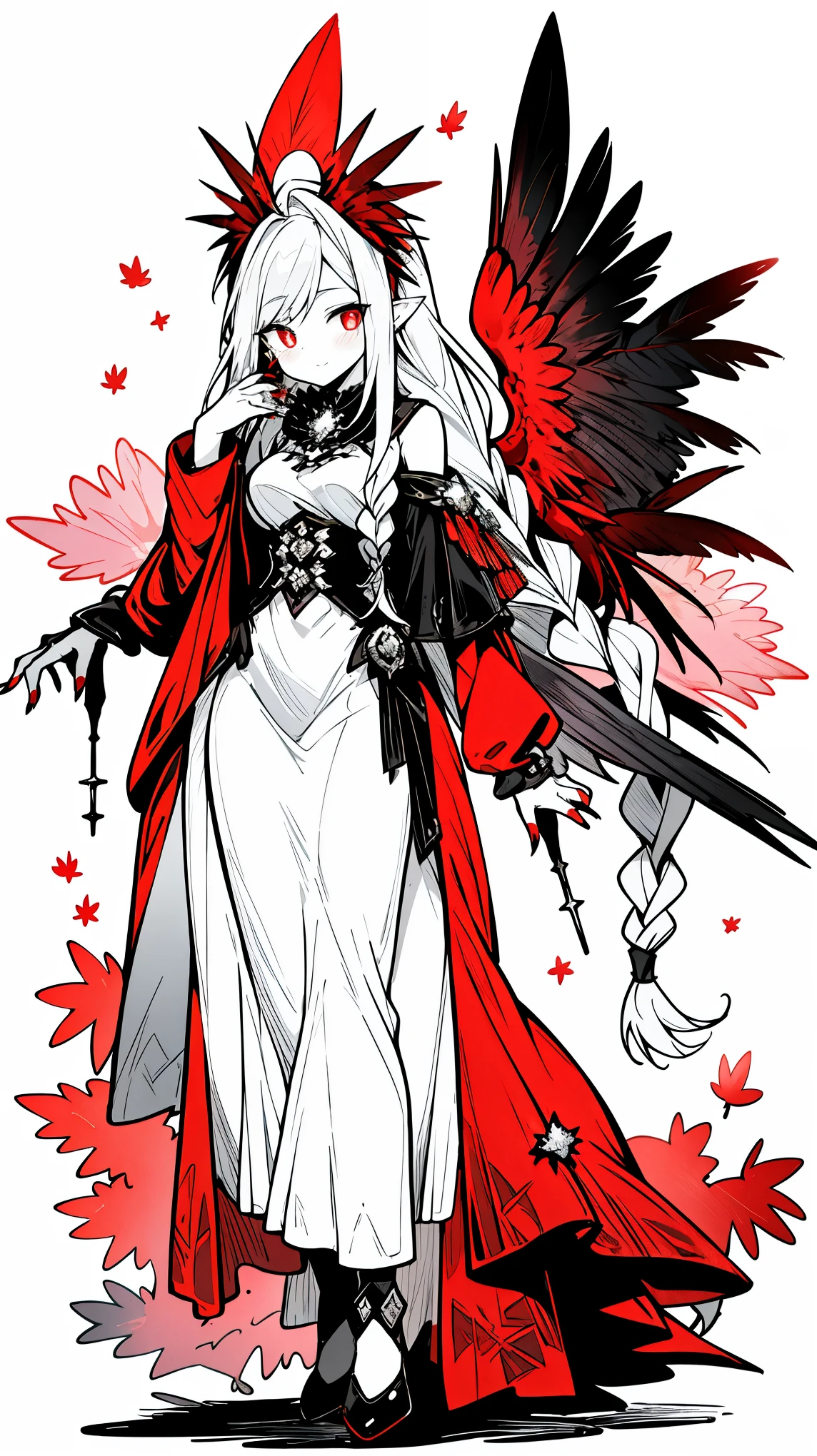 ((masterpiece:1.4,best quality))+,(Ultra-detailed)+,(super detailed eyes)+,(winged ears:1.5),
(cute girl),15 years old,(crimson pupils:1.15),long blue hair,long braids,Thick hair(Variza:1.2),Pale complexion,giggle,red rhombus crystal,red bird feathers,black underwear,
(She wears conservative red and yellow feathered costumes,black pattern,:1.5),(Starry Sky Cloak:1.4),The sleeves are very long,red bird feather headdress,halo of flames,red halo,Baiyun,A sea of red leaves and trees,Dream bubbles,Crow crows,red nails,green leafy corolla,
(bird feathers:1.1),
(Dawn light:1.2),
(Thick black and white:1.16),(depth of field:1.4),,intricate details,