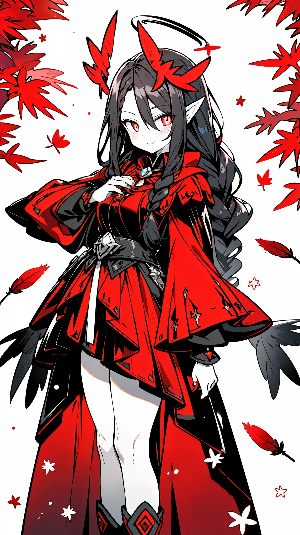 ((masterpiece:1.4,best quality))+,(Ultra-detailed)+,(super detailed eyes)+,(winged ears:1.5),
(cute girl),15 years old,(crimson pupils:1.15),long blue hair,long braids,Thick hair(Variza:1.2),Pale complexion,giggle,red rhombus crystal,red bird feathers,black underwear,
(She wears conservative red and yellow feathered costumes,black pattern,:1.5),(Starry Sky Cloak:1.4),The sleeves are very long,red bird feather headdress,halo of flames,red halo,Baiyun,A sea of red leaves and trees,Dream bubbles,Crow crows,red nails,green leafy corolla,
(bird feathers:1.1),
(Dawn light:1.2),
(Thick black and white:1.16),(depth of field:1.4),,intricate details,