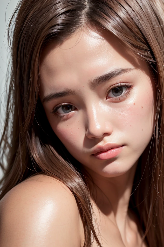 (Masterpiece, best quality:1.2), RAW photo, (Realistic, photorealistic:1.2), (8K, highres, ultra detailed:1.3), 1girl,
Perfect  with a focus on the face, meeting the gaze of the viewer,
A 28-year-old Korean beauty, embodying the elegance of a K-pop idol,
Realistic, detailed eyebrows framing beautiful, brown eyes that sparkle,
A face with a realistic, glossy complexion, showing every pore and texture,
Slender frame with small, yet naturally proportioned breasts,
(Realistic cinematic lighting