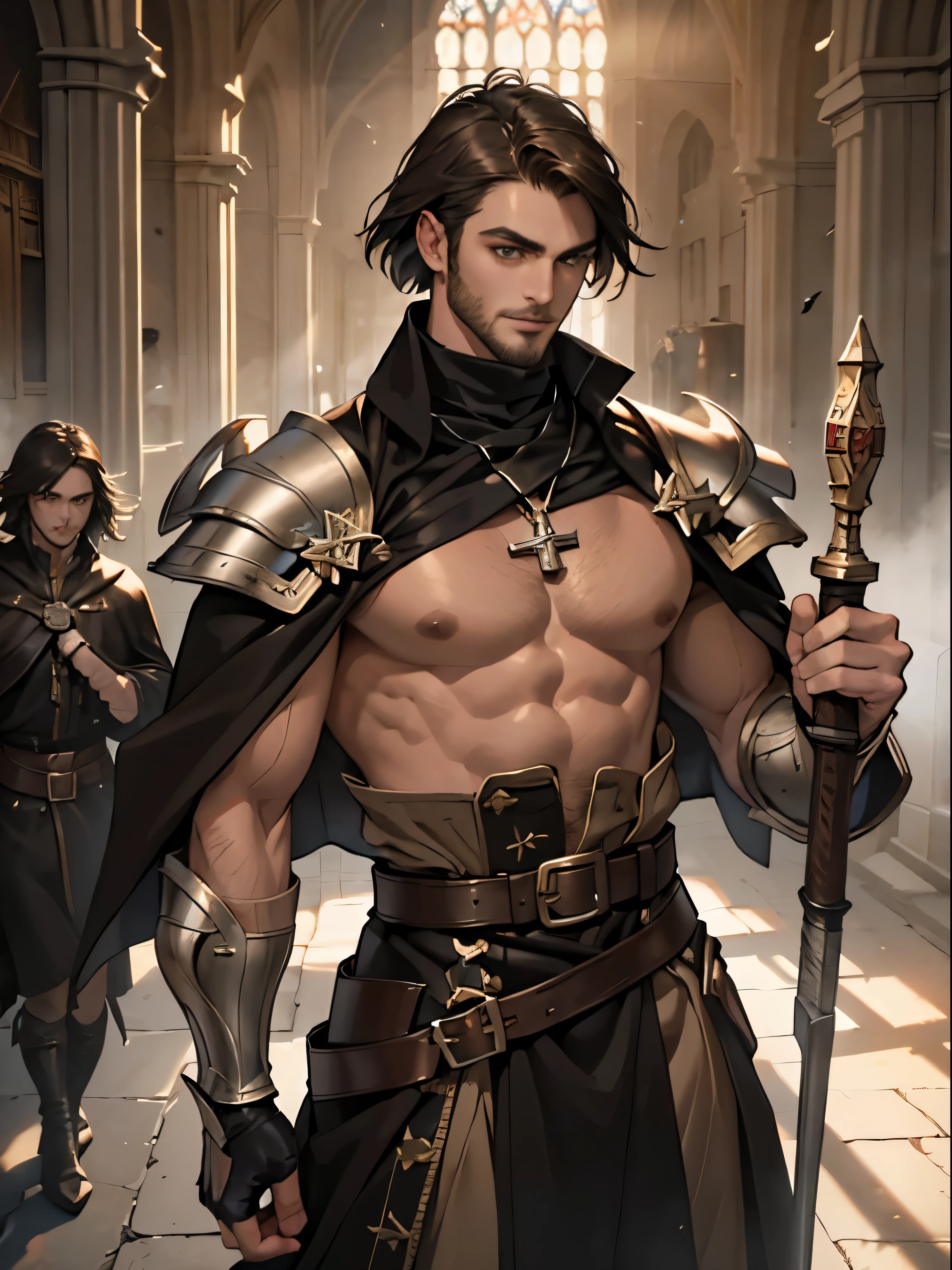 (((((male))))), masterpiece, super detailed, 8K portrait, RAW photo, male's portrait photography, highly detailed face, beautiful and detailed eyes, ((fantasy)), 30 years old (((male))), 180cm, (((strong physique))), macho male, ((dark bob cut hair)), smile, adventurer, (((long brown silk cloak))) fluttering in the wind, (((chest armor))), iron boots, With a giant hammer, midday sun, surreal, strong body, long legs, in the medieval adventurer's guild, environmental lighting, shadow details , focus the camera on the face, strong wind, light fog