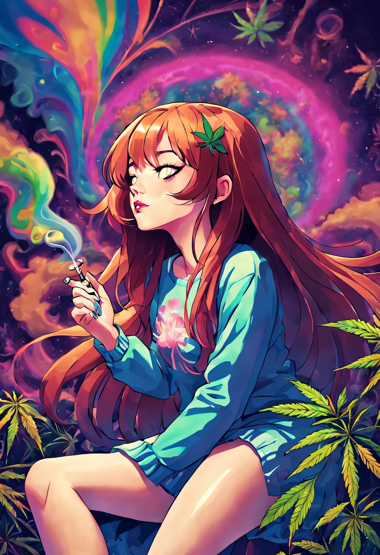 text "Mary Jane" with a girl smoking a joint of THC, psychedelic colors, trippy patterns, vibrant and surreal, cannabis culture, relaxing vibes, mind-altering experience, swirling smoke, hazy atmosphere, vibrant colors, glowing and pulsating, a sense of euphoria, cosmic energy