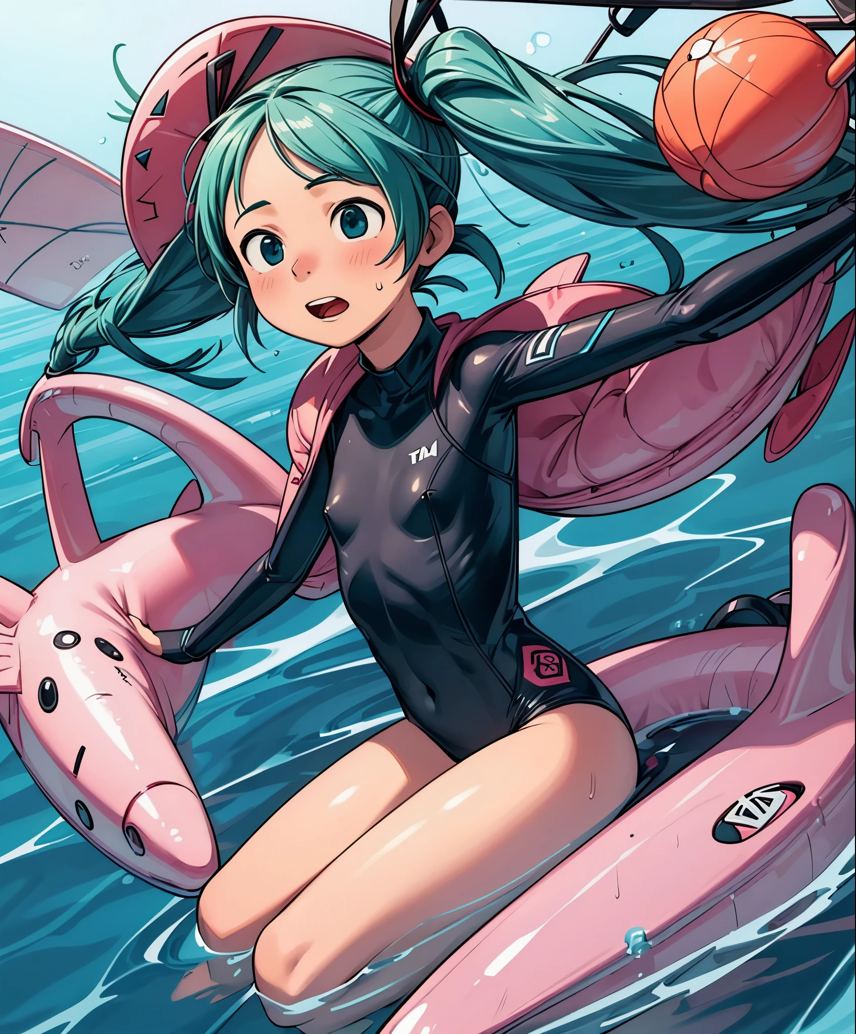 (masterpiece、highest quality、highest quality、official art、beautiful beautiful:1.2)、(1 girl:1.3)Hatsune Miku、twin tails,very detailed、miku hatsune,wetsuit,diving,Sea
