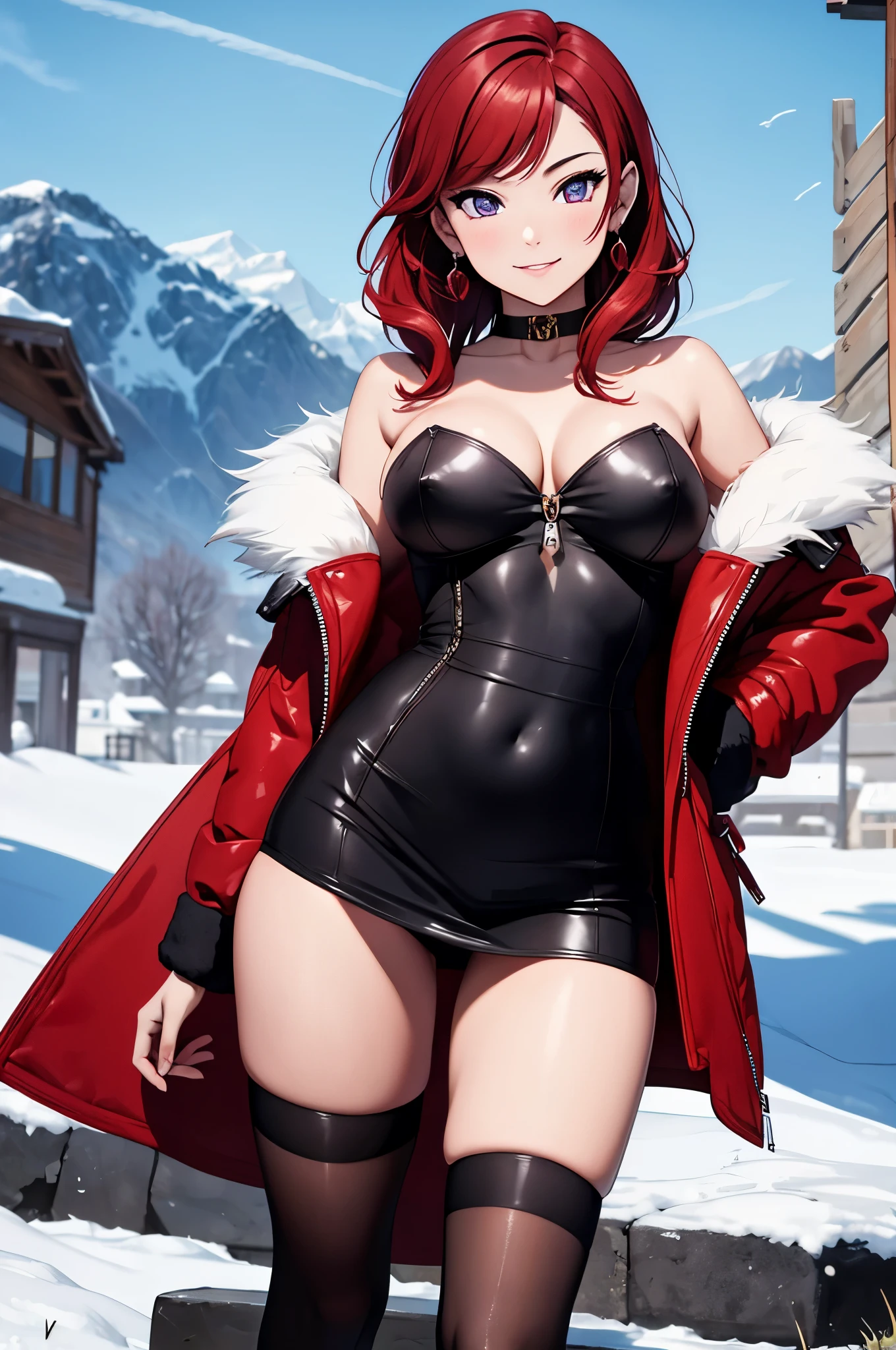 (Masterpiece, Best Quality, High Quality),(NSFW:1.3),Nishikino maki, Red hair, purple eyes, cowboy shot,looking at viewer, smile, bangs, large breasts, cleavage, bare_shoulders, jewelry, closed mouth, jacket, earrings, outdoors, sky, black dress, fur trim, tattoo, black choker, short dress, strapless dress, snow, snowing, mountain, fur-trimmed jacket, mountainous_horizon, tight dress