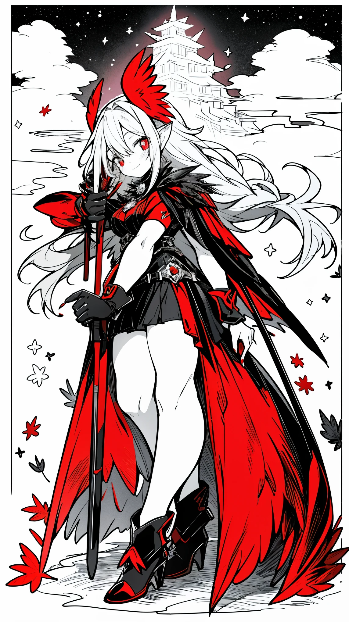 （（masterpiece：1.4，best quality））+，（Ultra-detailed）+，（super detailed eyes）+，（winged ears：1.5），
（cute girl），15 years old，（crimson pupils：1.15），long blue hair，long braids，Thick hair（Variza：1.2），Pale complexion，giggle，red rhombus crystal，red bird feathers，black underwear，
（She wears conservative red and yellow feathered costumes，black pattern，：1.5），（Starry Sky Cloak：1.4），The sleeves are very long，red bird feather headdress，halo of flames，red halo，Baiyun，A sea of red leaves and trees，Dream bubbles，Crow crows，red nails，corolla，Red Rifle，
（bird feathers：1.1），
（Dawn light：1.2），
（Thick black and white：1.16），（depth of field：1.4），，intricate details，